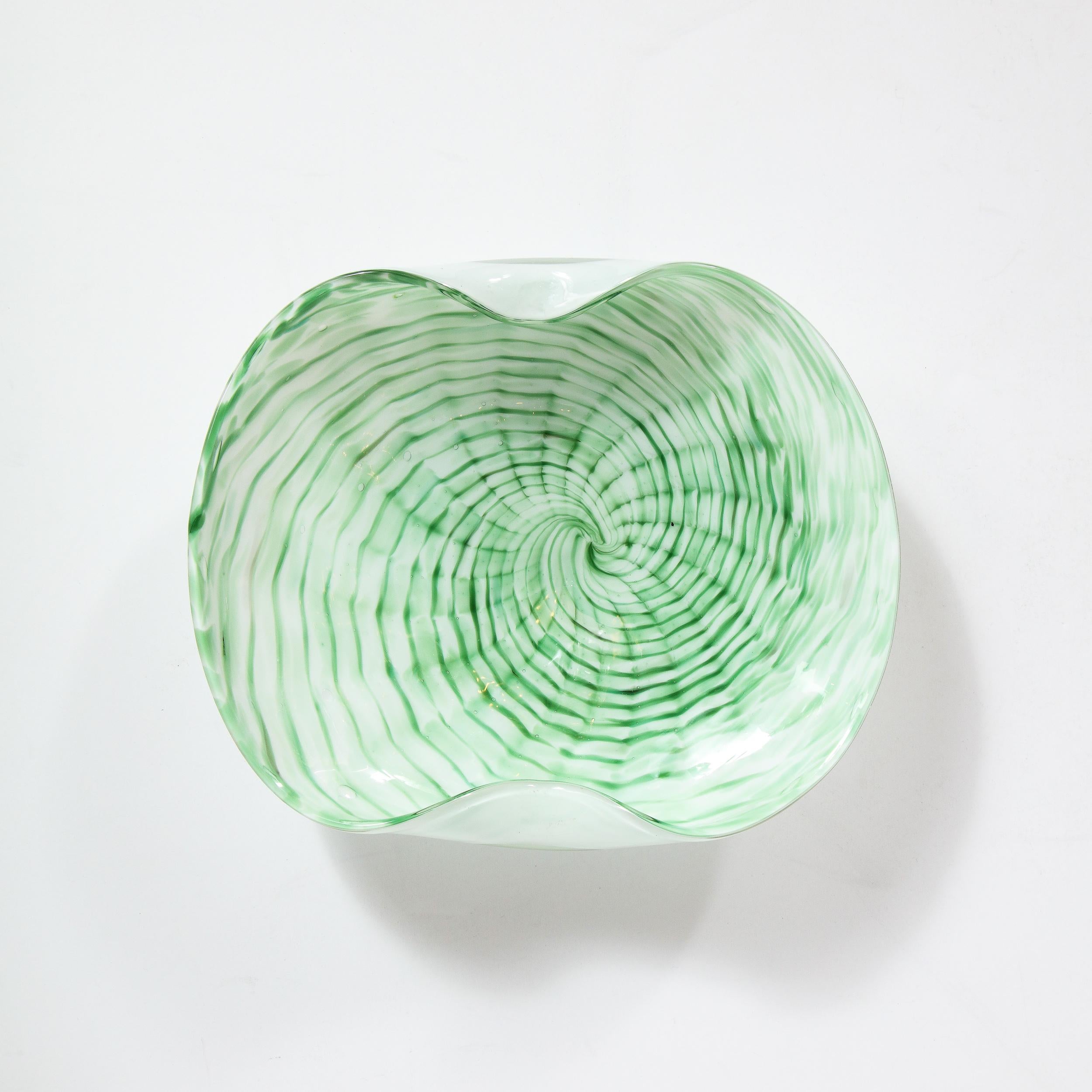 Mid-Century Modern Emerald and White Striated Hand Blown Murano Bowl 6