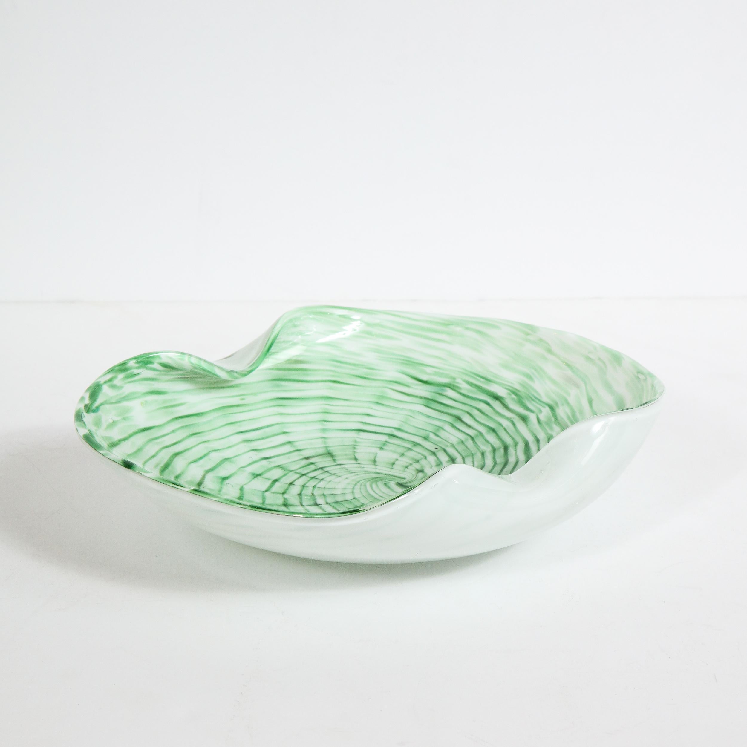 Italian Mid-Century Modern Emerald and White Striated Hand Blown Murano Bowl