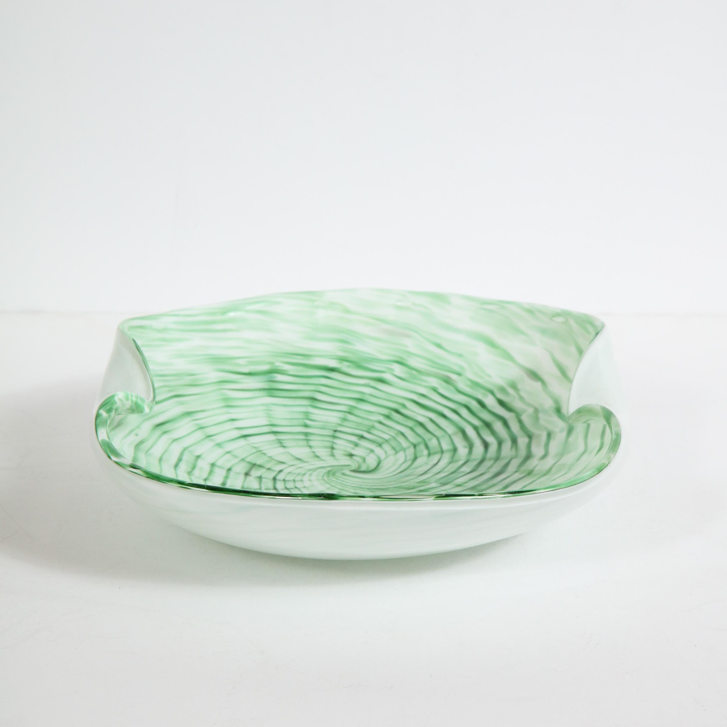 Mid-Century Modern Emerald and White Striated Hand Blown Murano Bowl In Excellent Condition In New York, NY