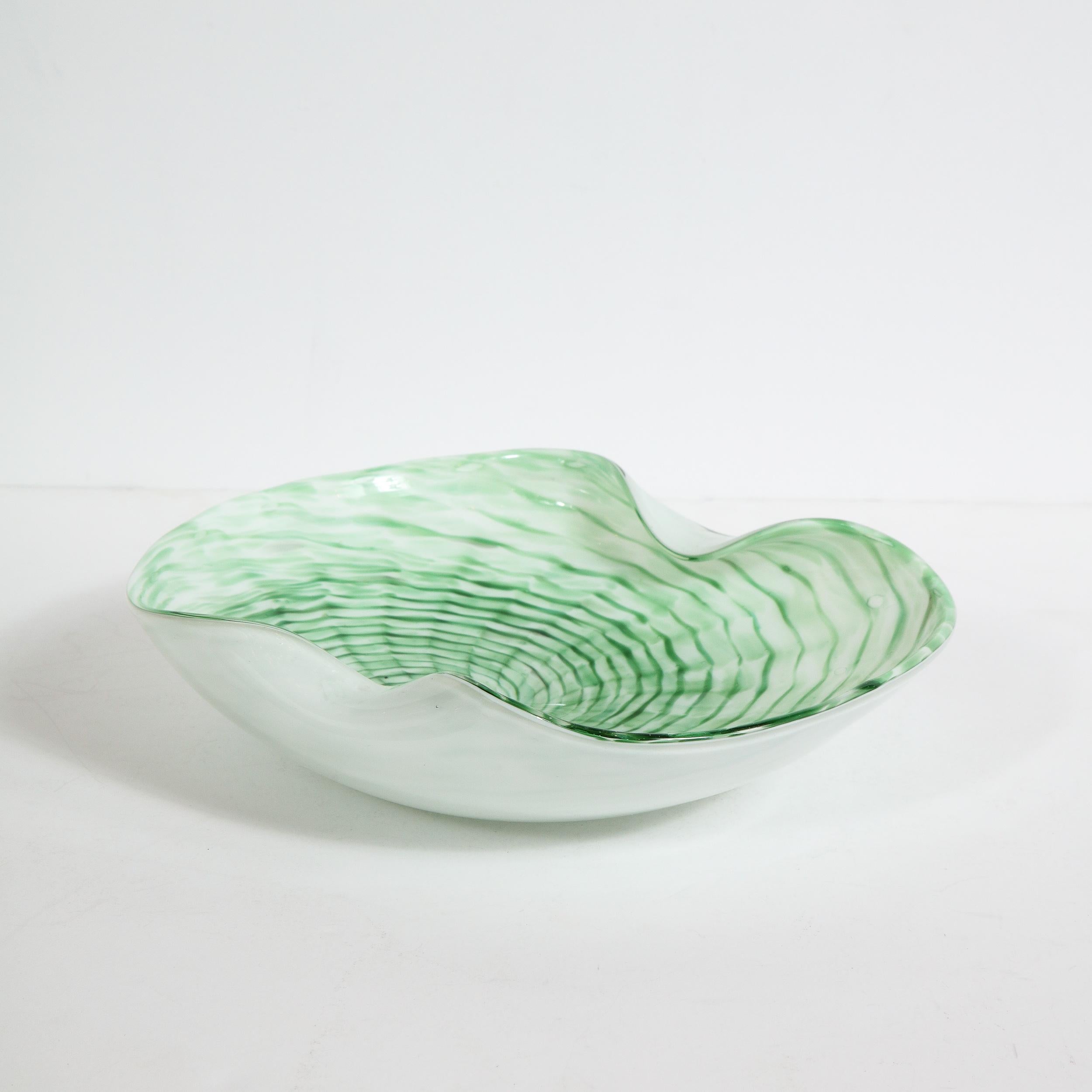Mid-20th Century Mid-Century Modern Emerald and White Striated Hand Blown Murano Bowl