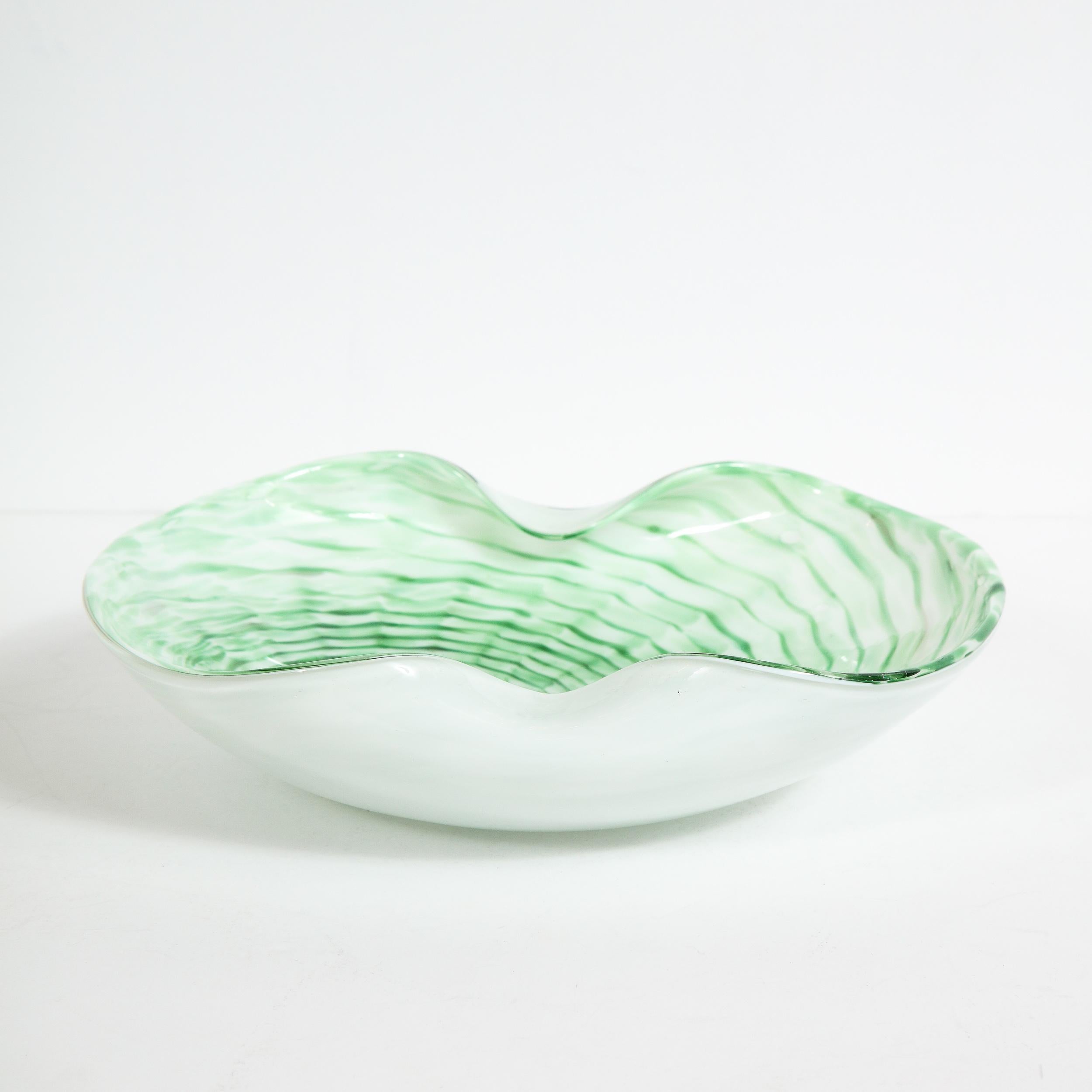 Murano Glass Mid-Century Modern Emerald and White Striated Hand Blown Murano Bowl