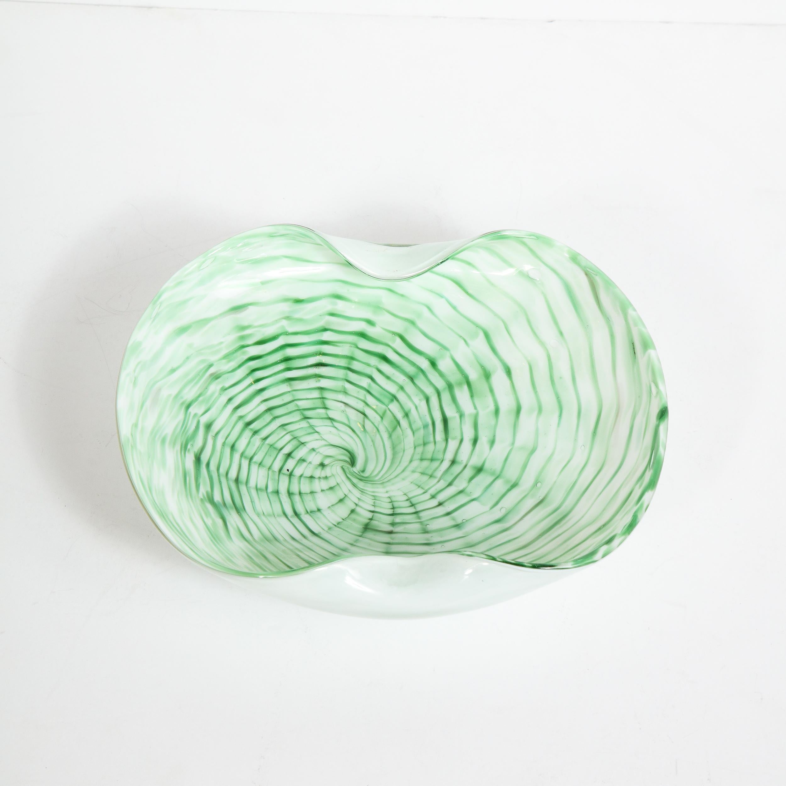 Mid-Century Modern Emerald and White Striated Hand Blown Murano Bowl 1