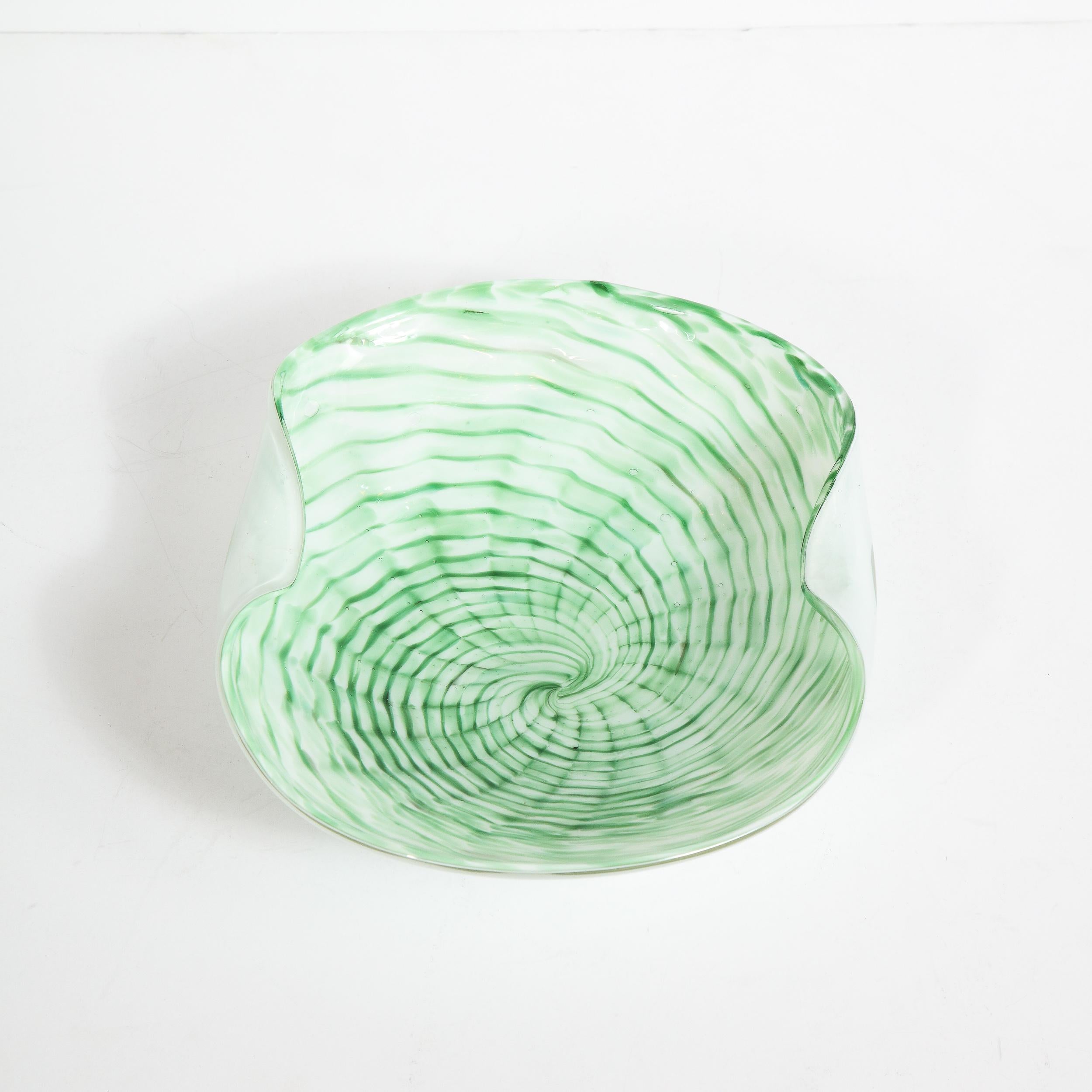 Mid-Century Modern Emerald and White Striated Hand Blown Murano Bowl 2