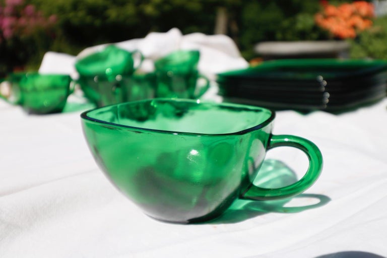 MidCentury Modern Emerald Green Glass Dishware Serving Set For Sale at