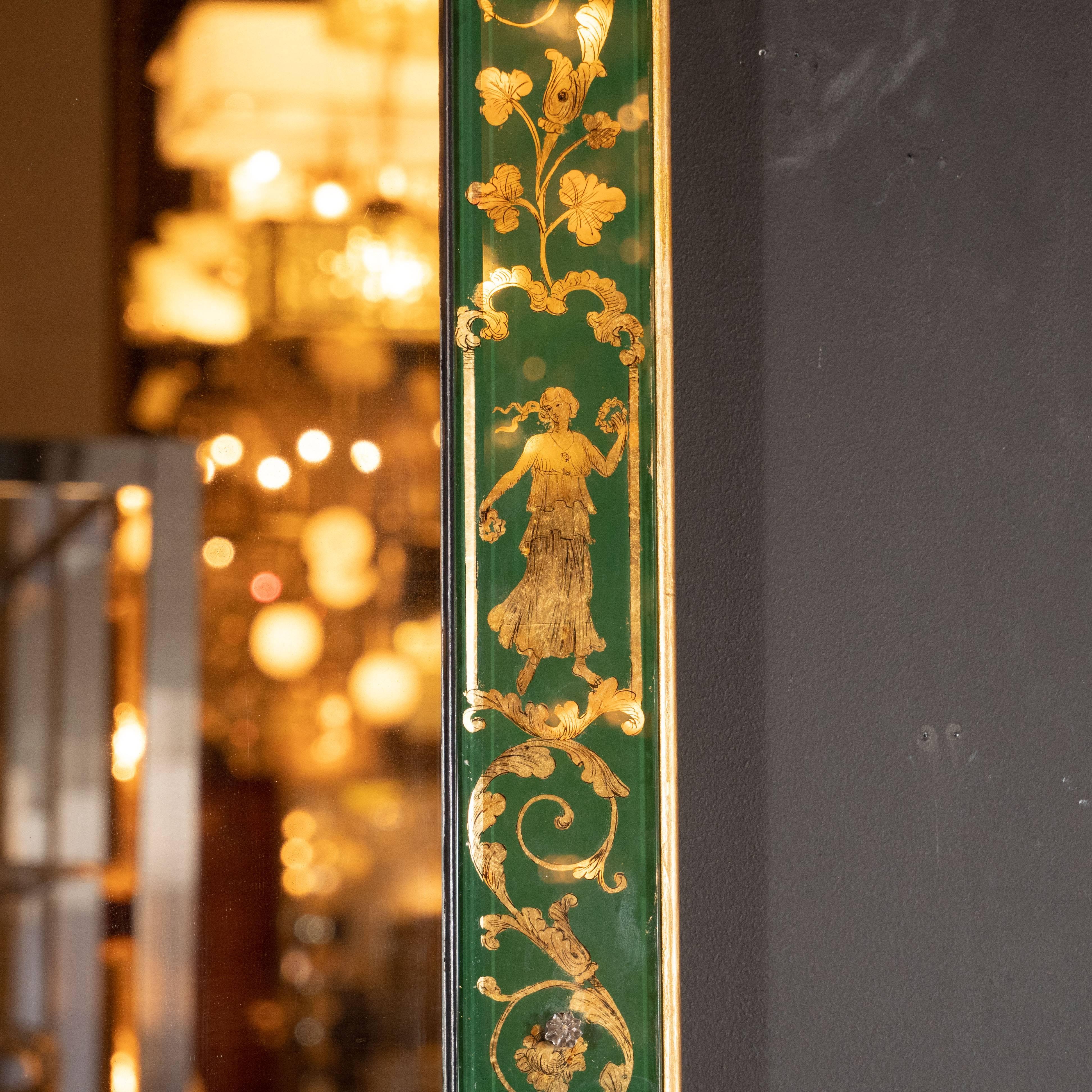 Mid-Century Modern Mid Century Modern Emerald Reverse Églomisé Mirror with Gilt Detailing