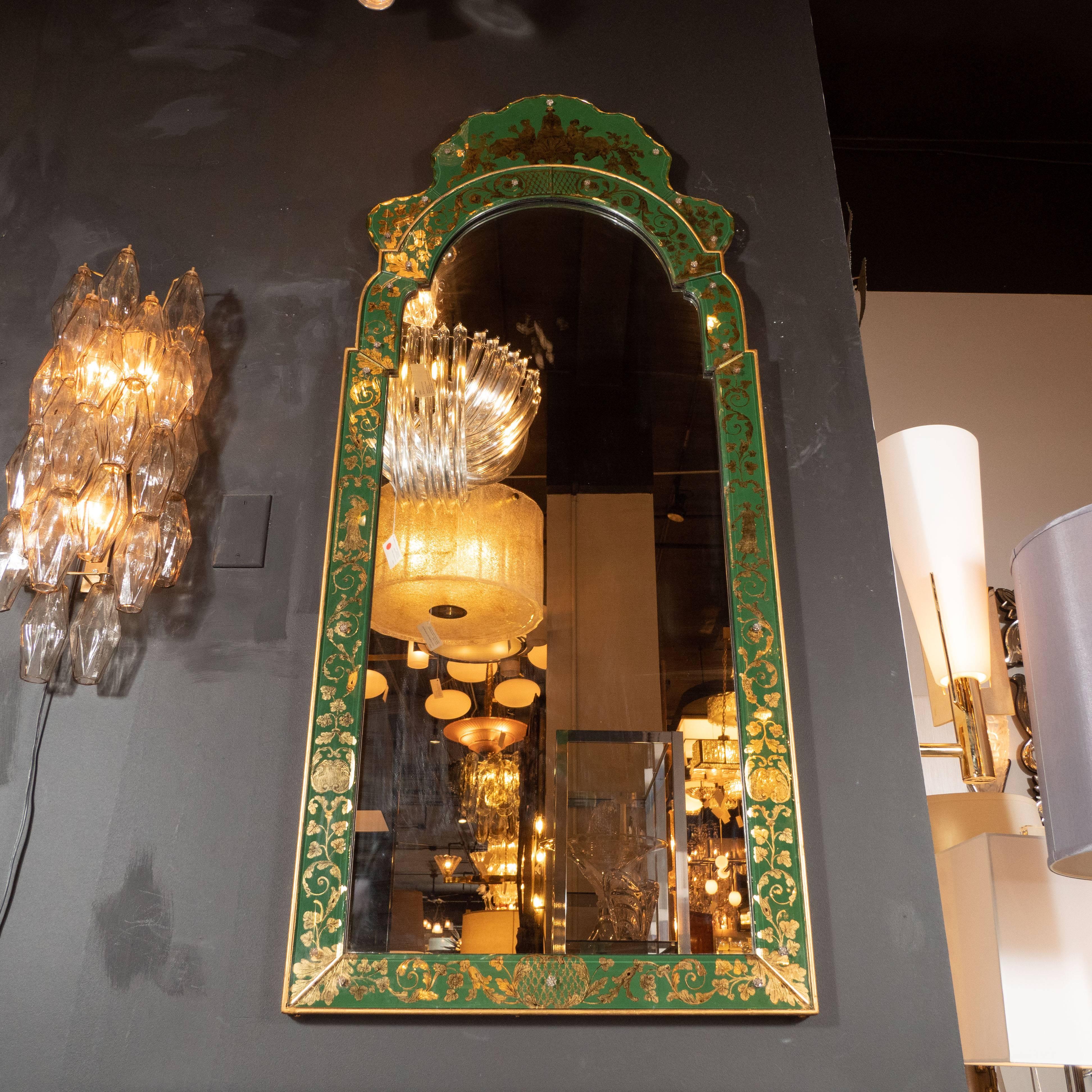 American Mid Century Modern Emerald Reverse Églomisé Mirror with Gilt Detailing