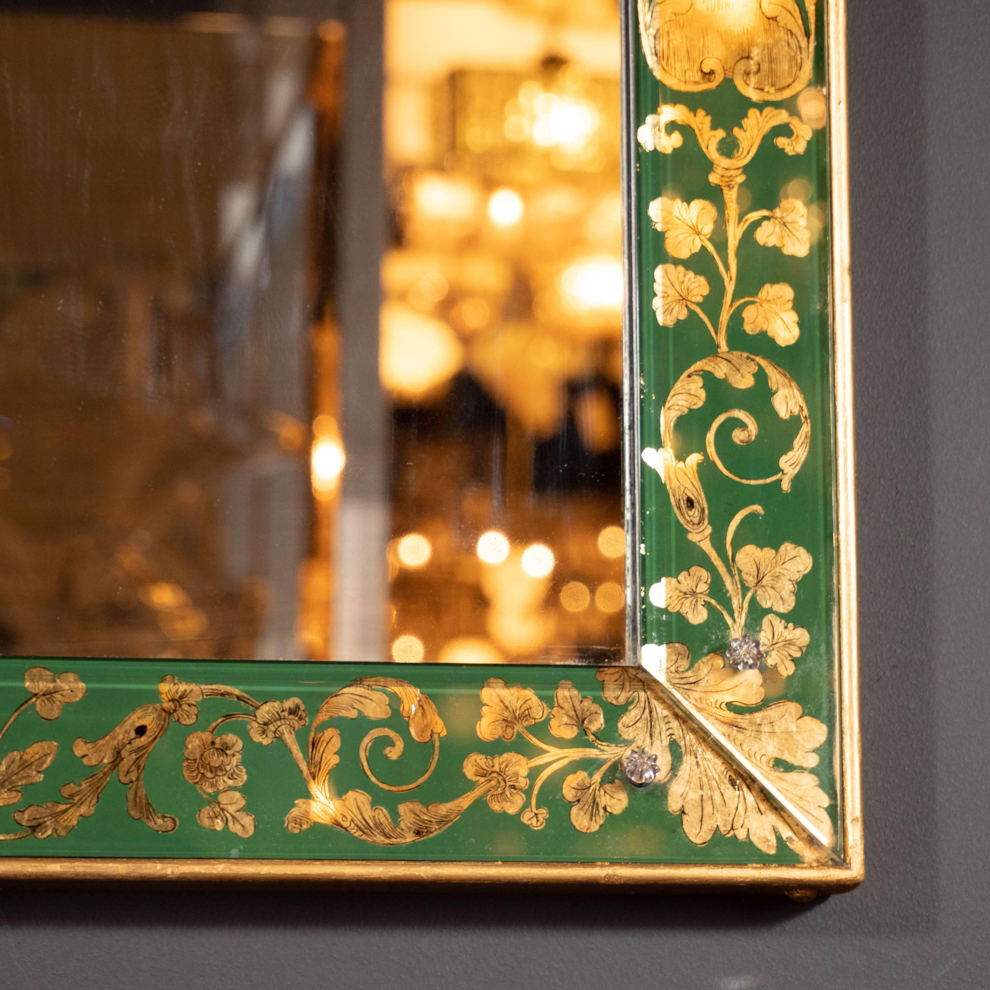 Mid-20th Century Mid Century Modern Emerald Reverse Églomisé Mirror with Gilt Detailing