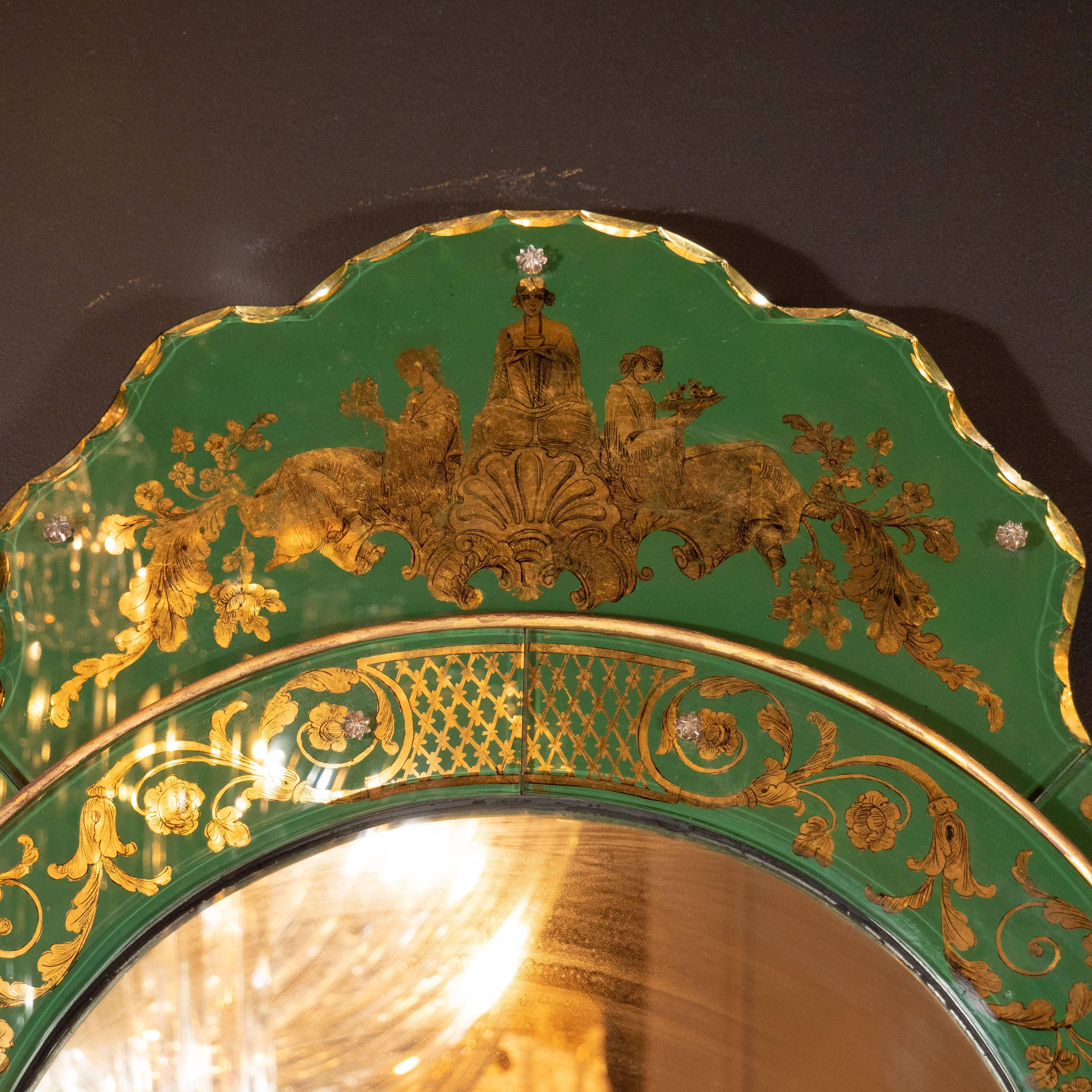 Mid Century Modern Emerald Reverse Églomisé Mirror with Gilt Detailing 1