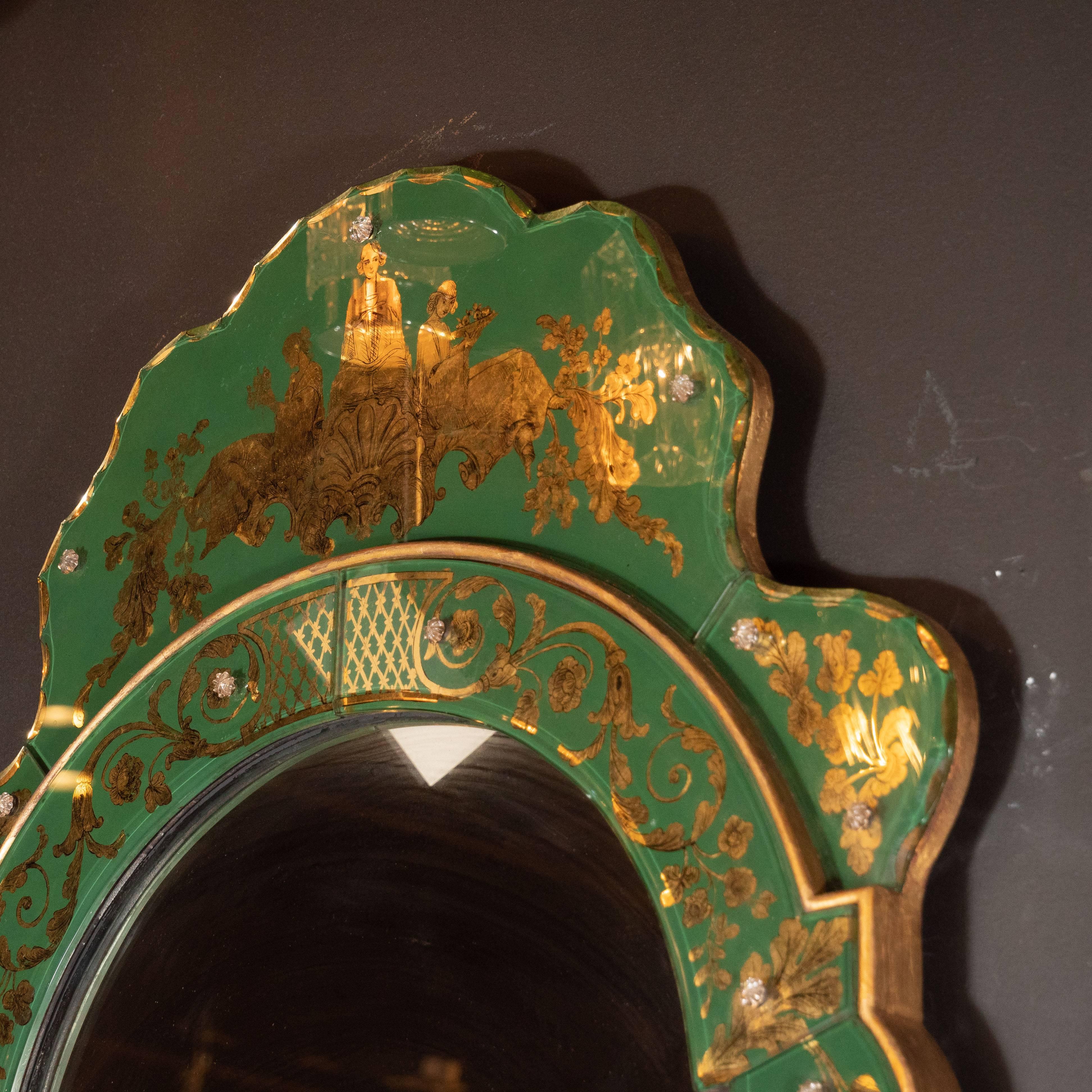 Mid Century Modern Emerald Reverse Églomisé Mirror with Gilt Detailing 3