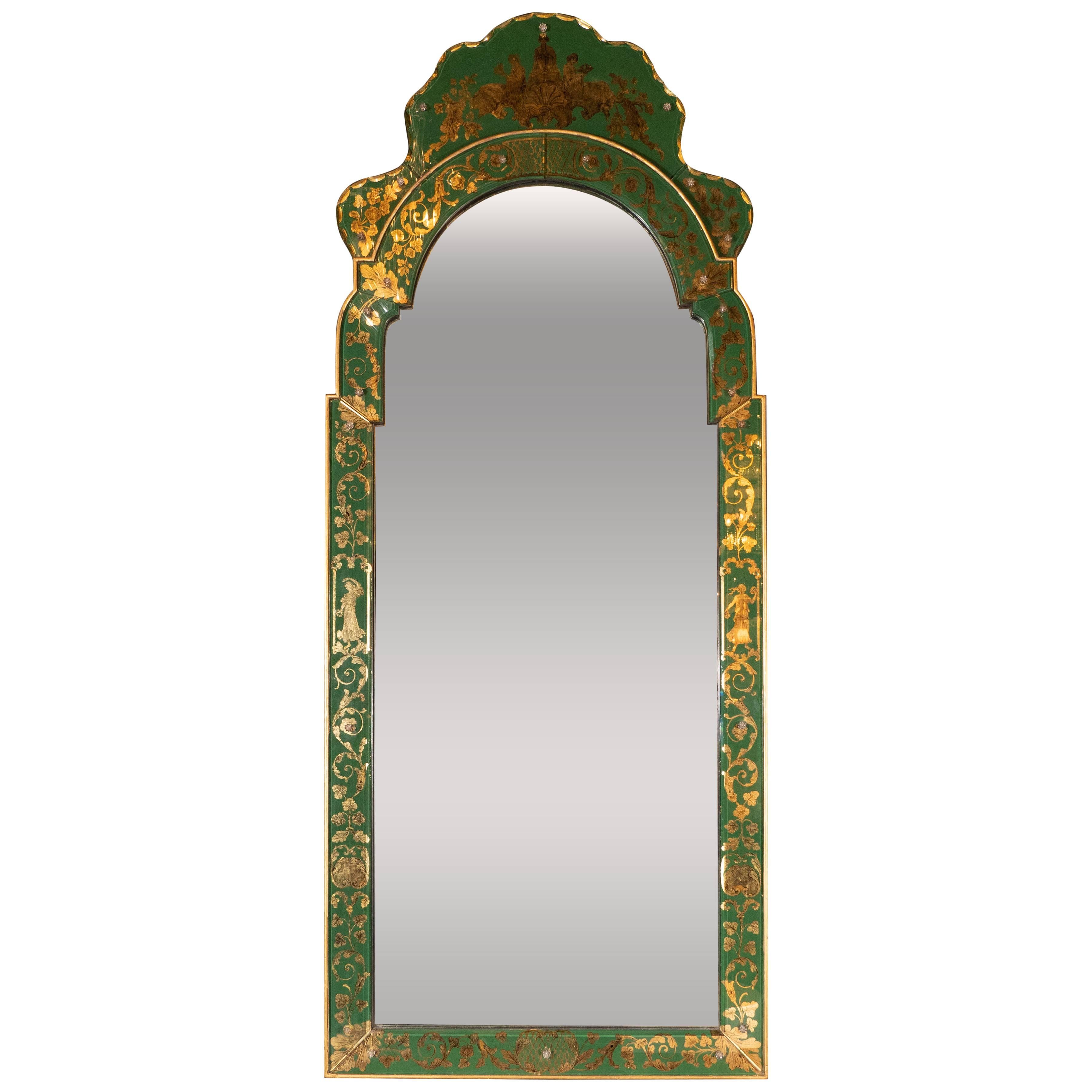 Mid Century Modern Emerald Reverse Églomisé Mirror with Gilt Detailing