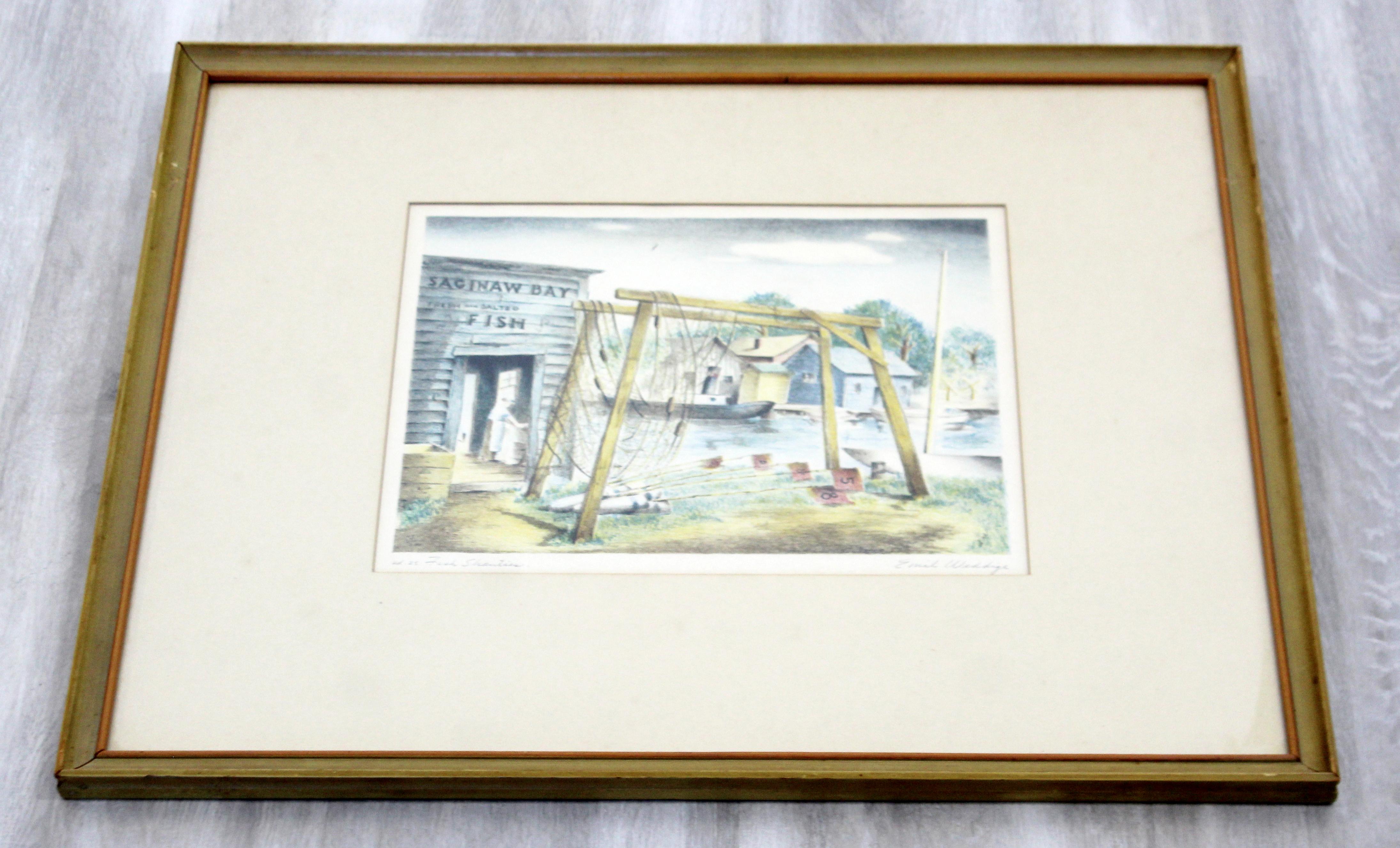 Mid-Century Modern Emil Weddige Framed Signed Lithograph Fish Shanties In Good Condition In Keego Harbor, MI