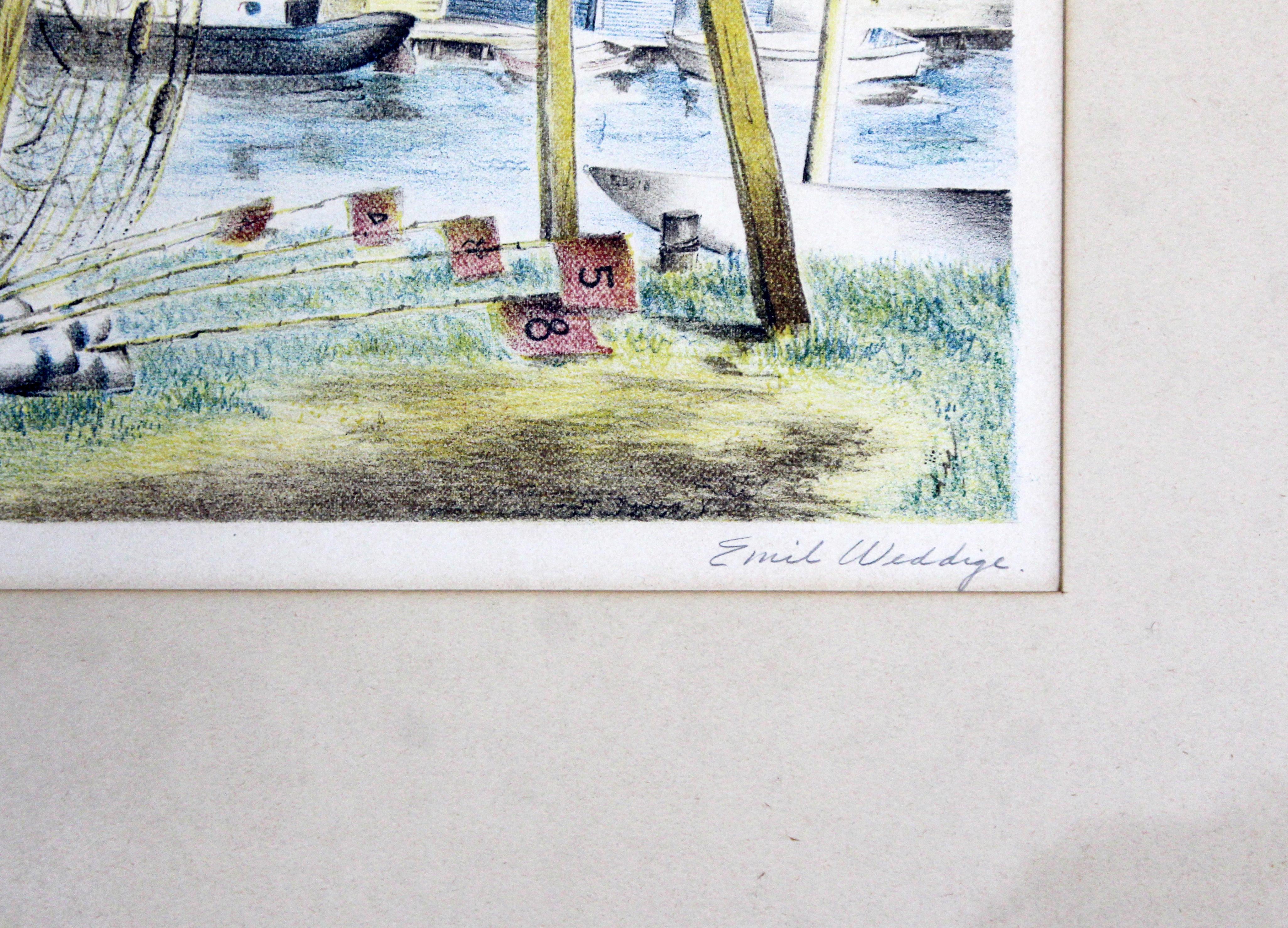 Paper Mid-Century Modern Emil Weddige Framed Signed Lithograph Fish Shanties