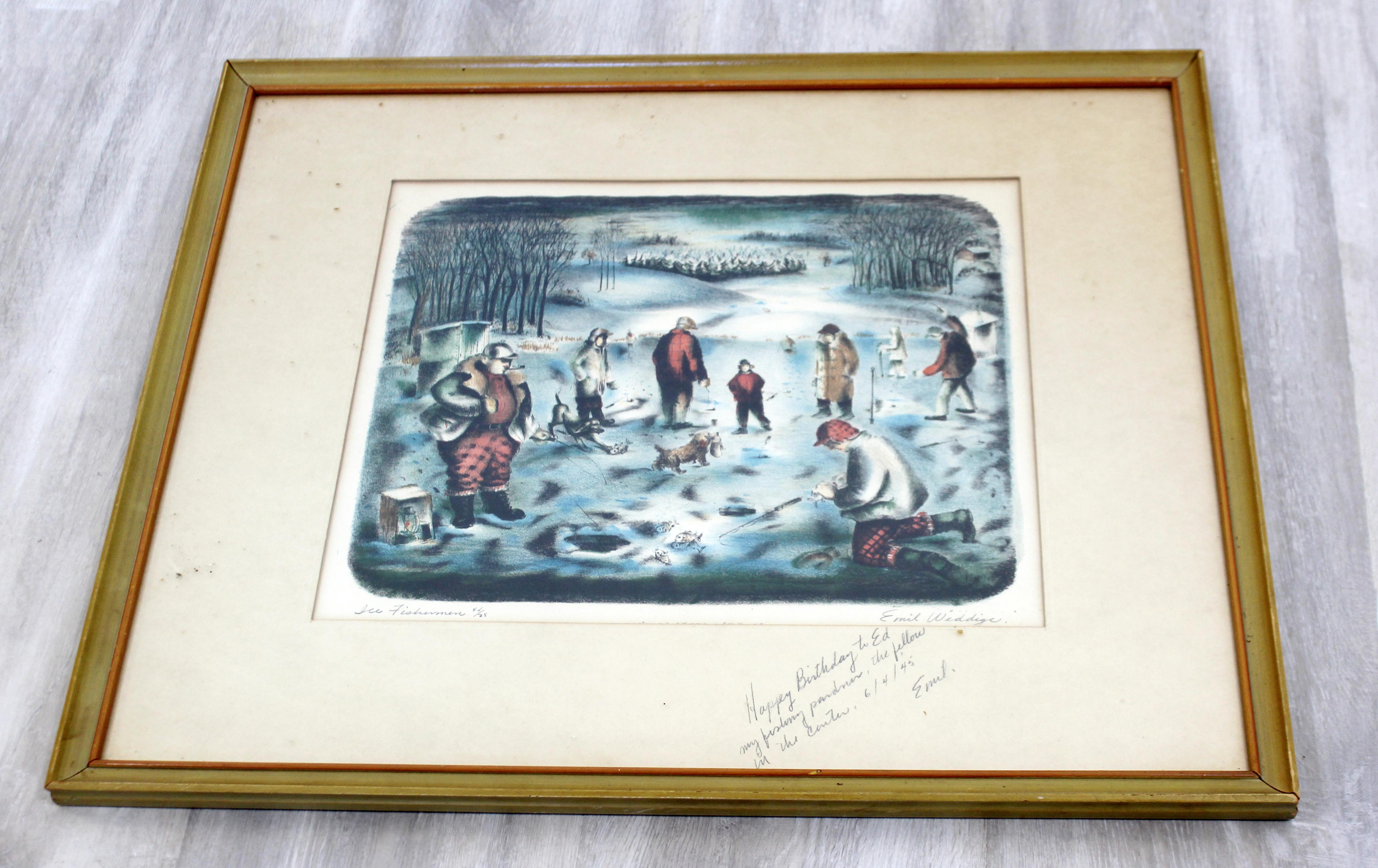 Mid-Century Modern Emil Weddige Framed Signed Lithograph Ice Fisherman In Good Condition In Keego Harbor, MI