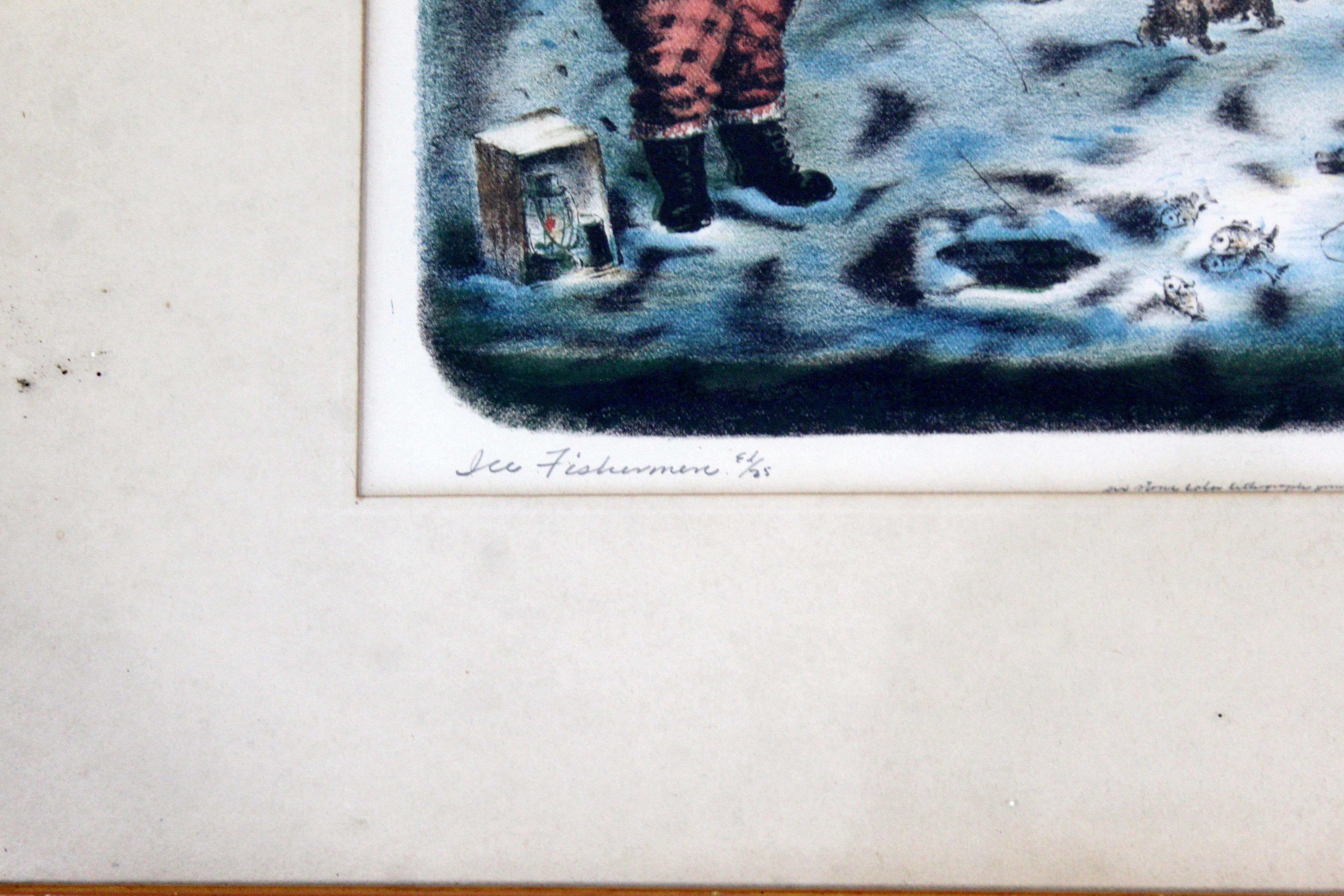 20th Century Mid-Century Modern Emil Weddige Framed Signed Lithograph Ice Fisherman