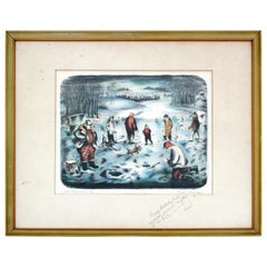 Mid-Century Modern Emil Weddige Framed Signed Lithograph Ice Fisherman
