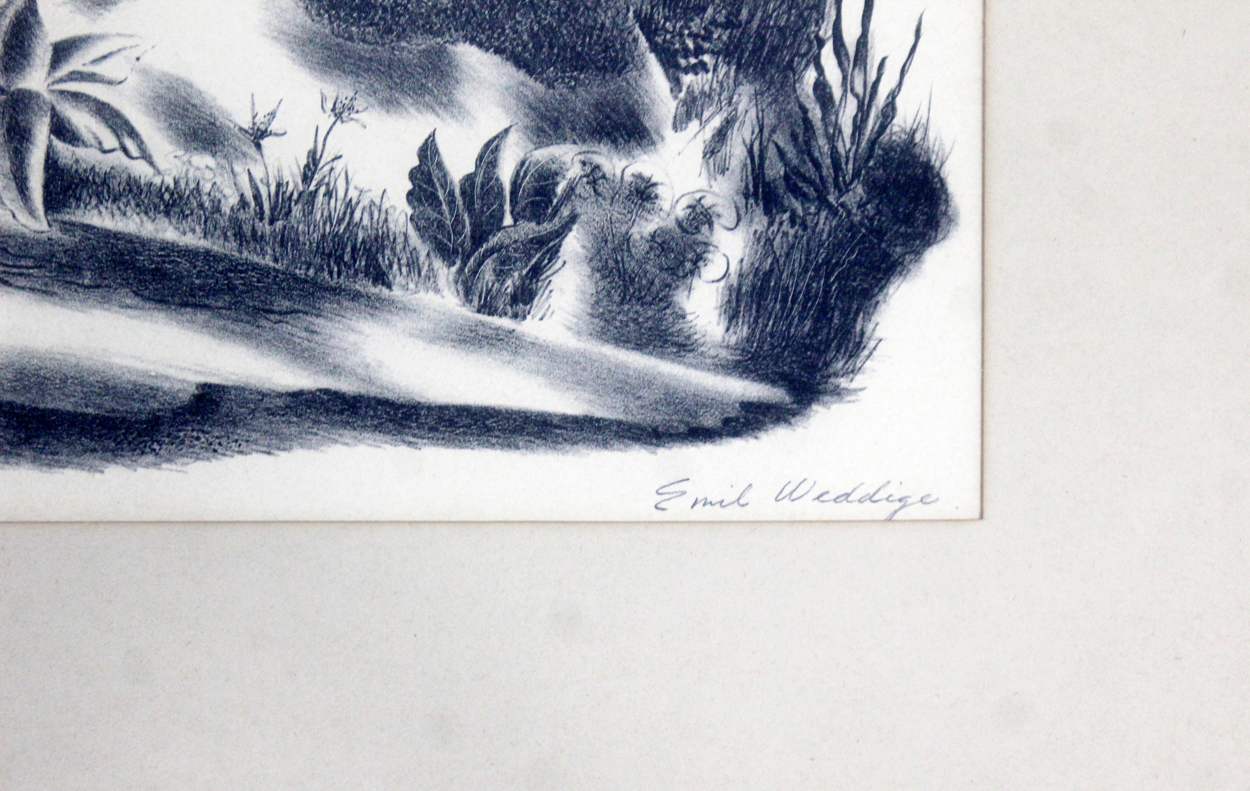 Paper Mid-Century Modern Emil Weddige Framed Signed Lithograph Swinging Bridge