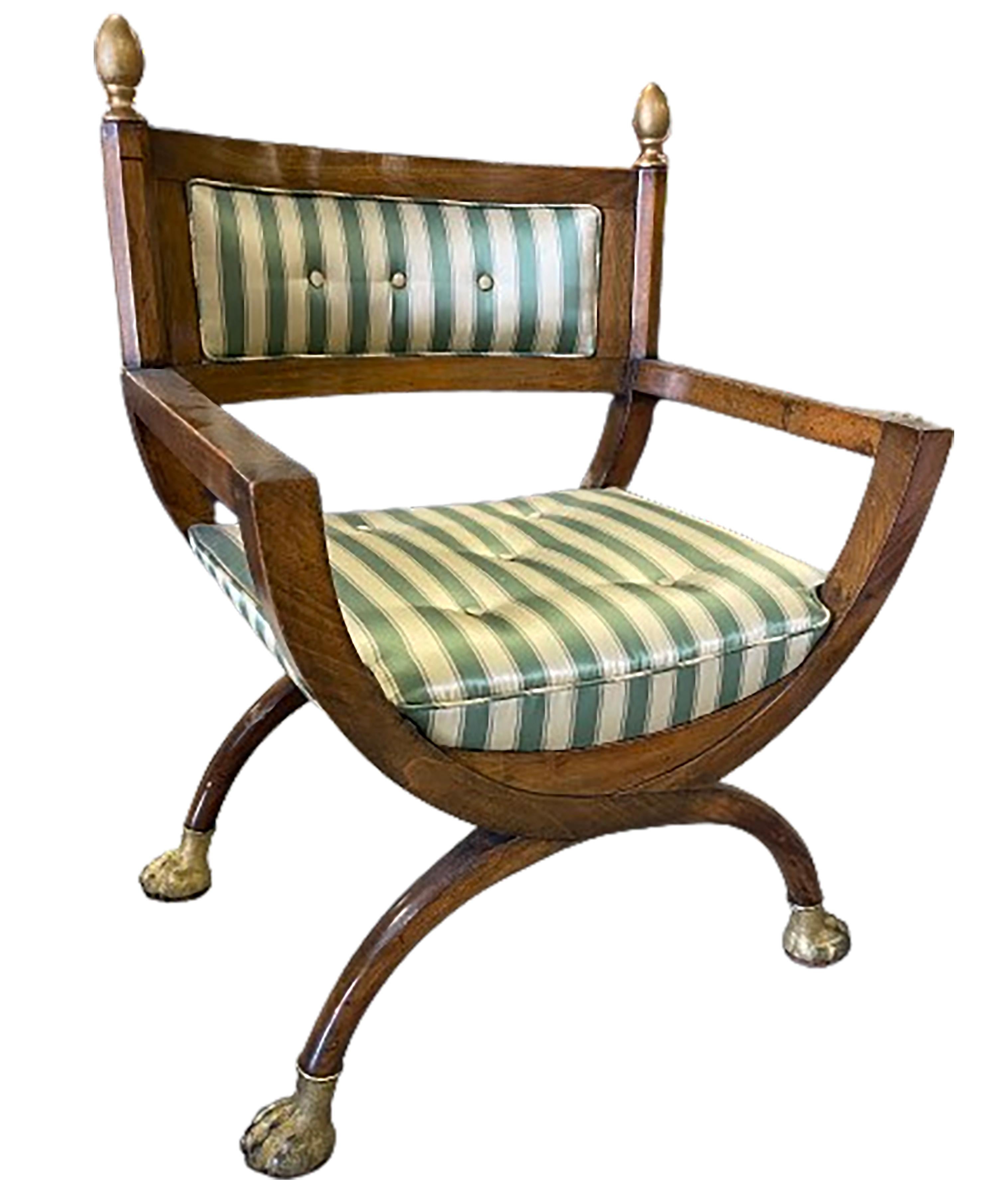 A handsome antique empire style campaign armchair, walnut, with green and white striped fabric cushions for seat and back. Brass lion paw feet. Half circle shape arms and legs for top. The clean lines being especially indicative of this style of