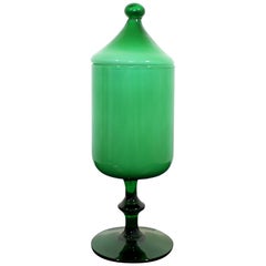 Vintage Mid-Century Modern Empoli Green Glass Circus Tent Covered Vessel, Italy, 1960s