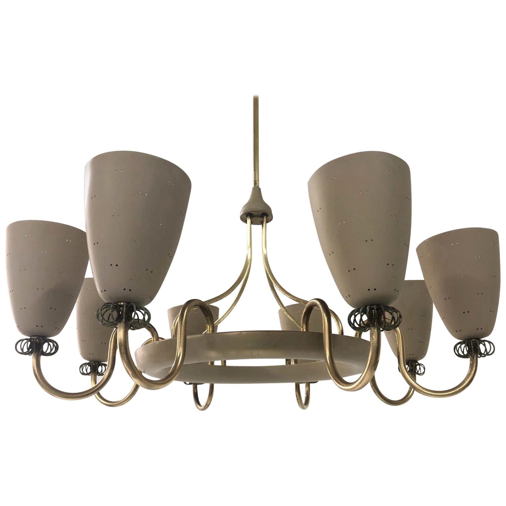 Mid-Century Modern Enamel and Brass Chandelier by Paavo Tynell