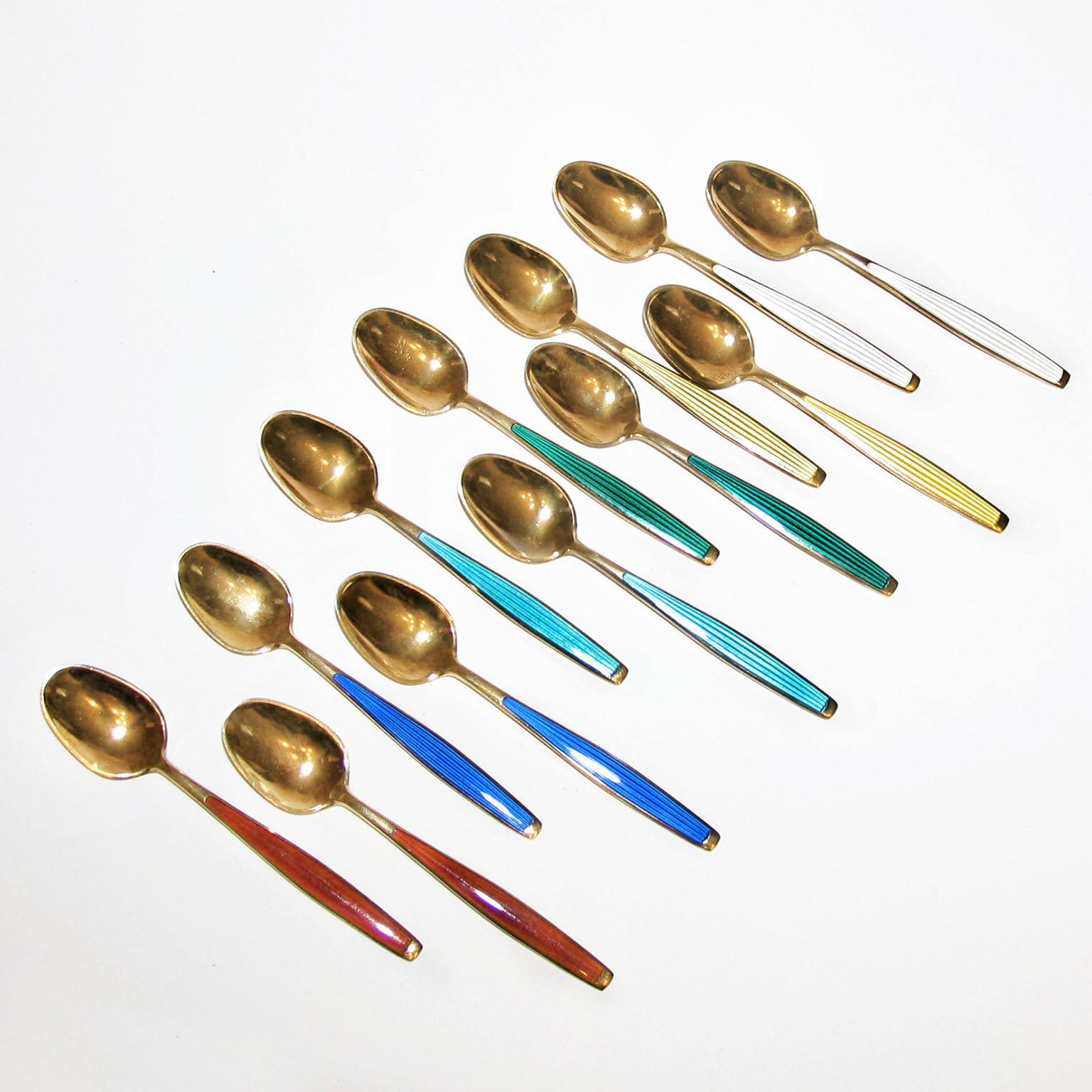 Mid-Century Modern Enamel and Gilt Sterling Silver Spoons Norway 2