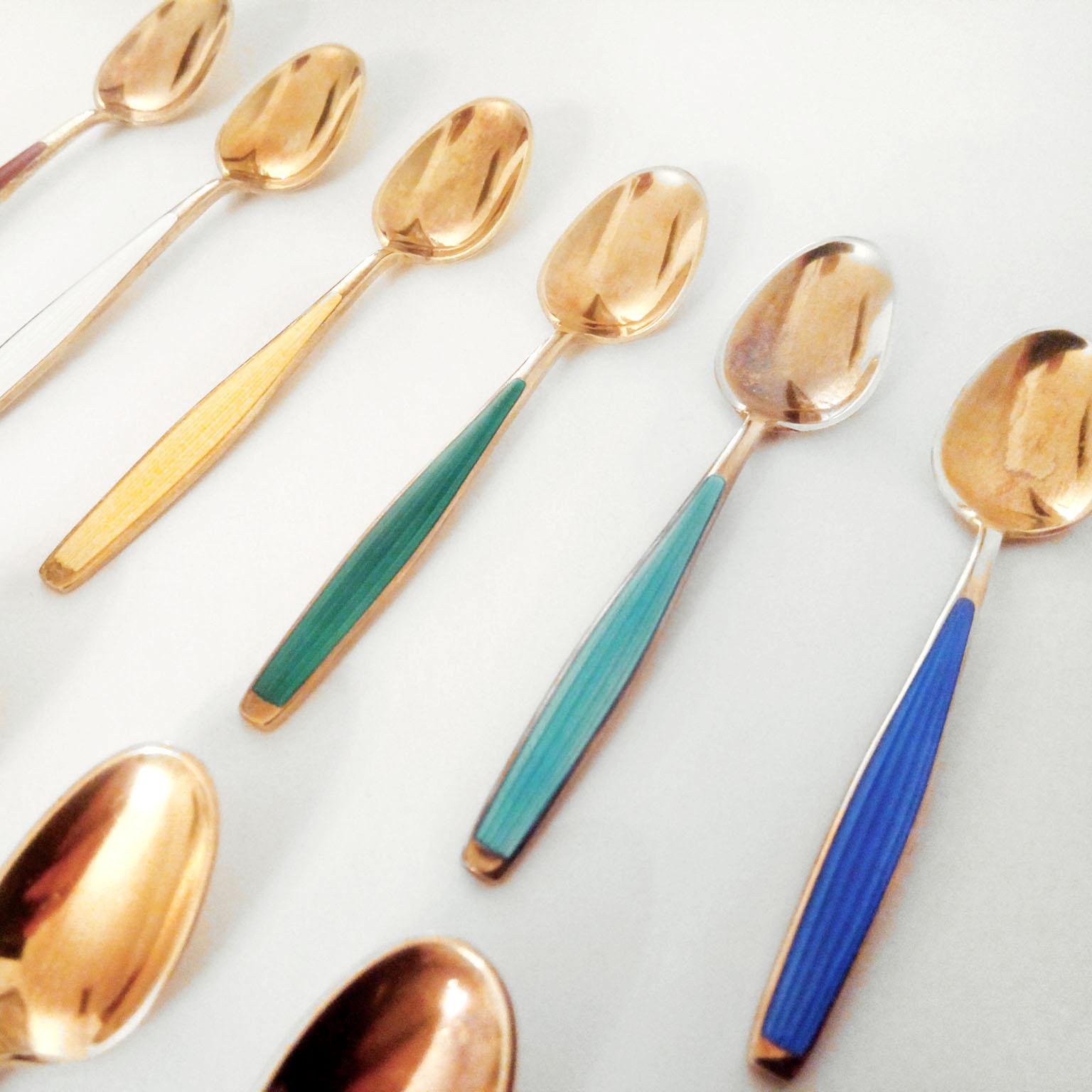 Mid-Century Modern Enamel and Gilt Sterling Silver Spoons Norway 3