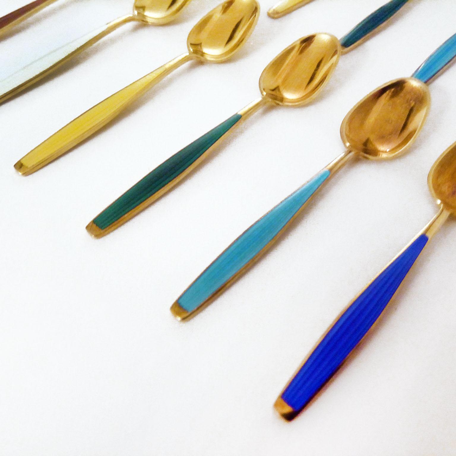 Mid-Century Modern Enamel and Gilt Sterling Silver Spoons Norway 4