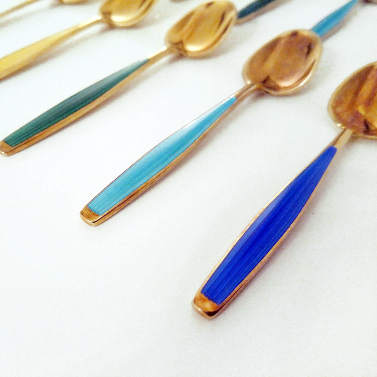 Mid-Century Modern Enamel and Gilt Sterling Silver Spoons Norway 5