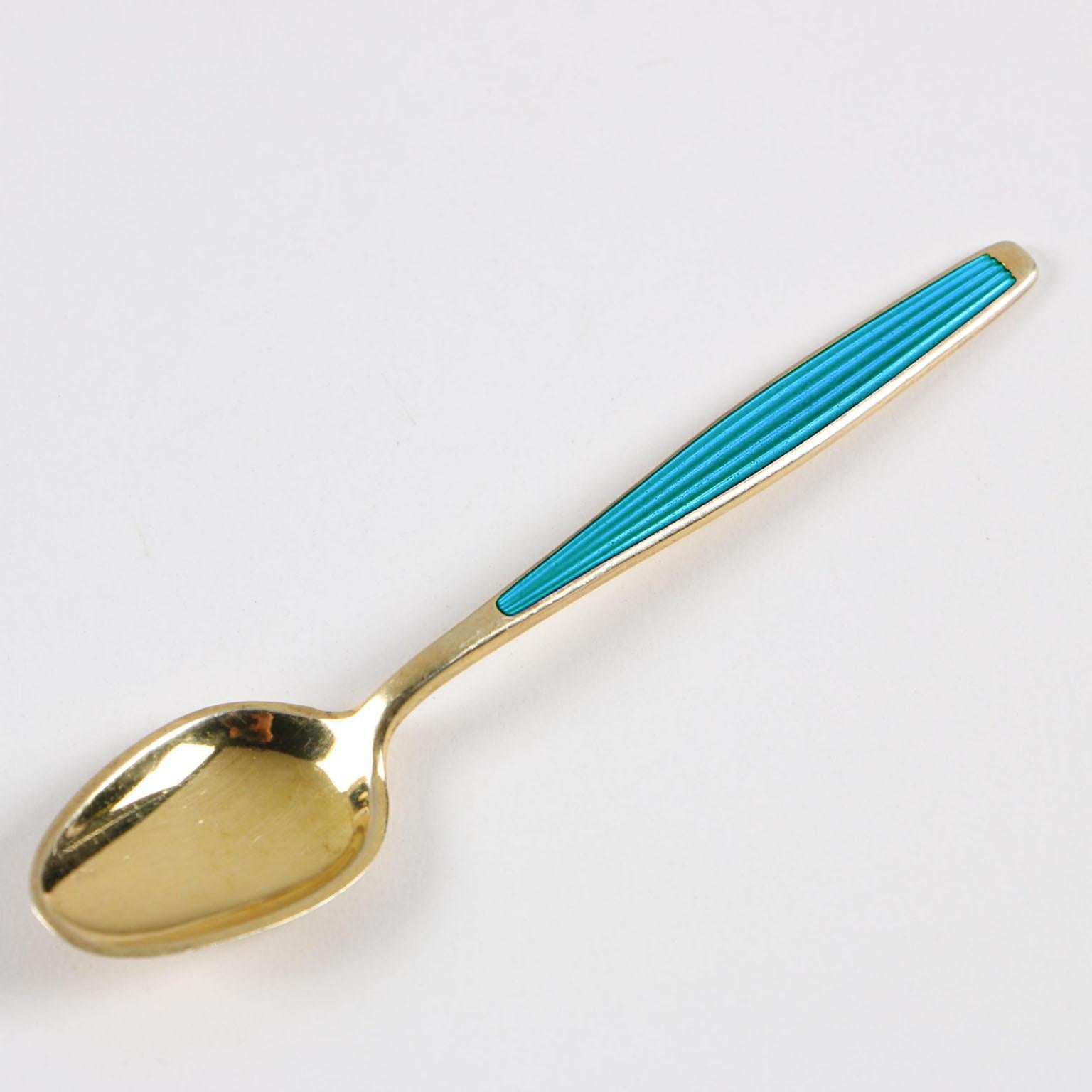 Art Deco Mid-Century Modern Enamel and Gilt Sterling Silver Spoons Norway