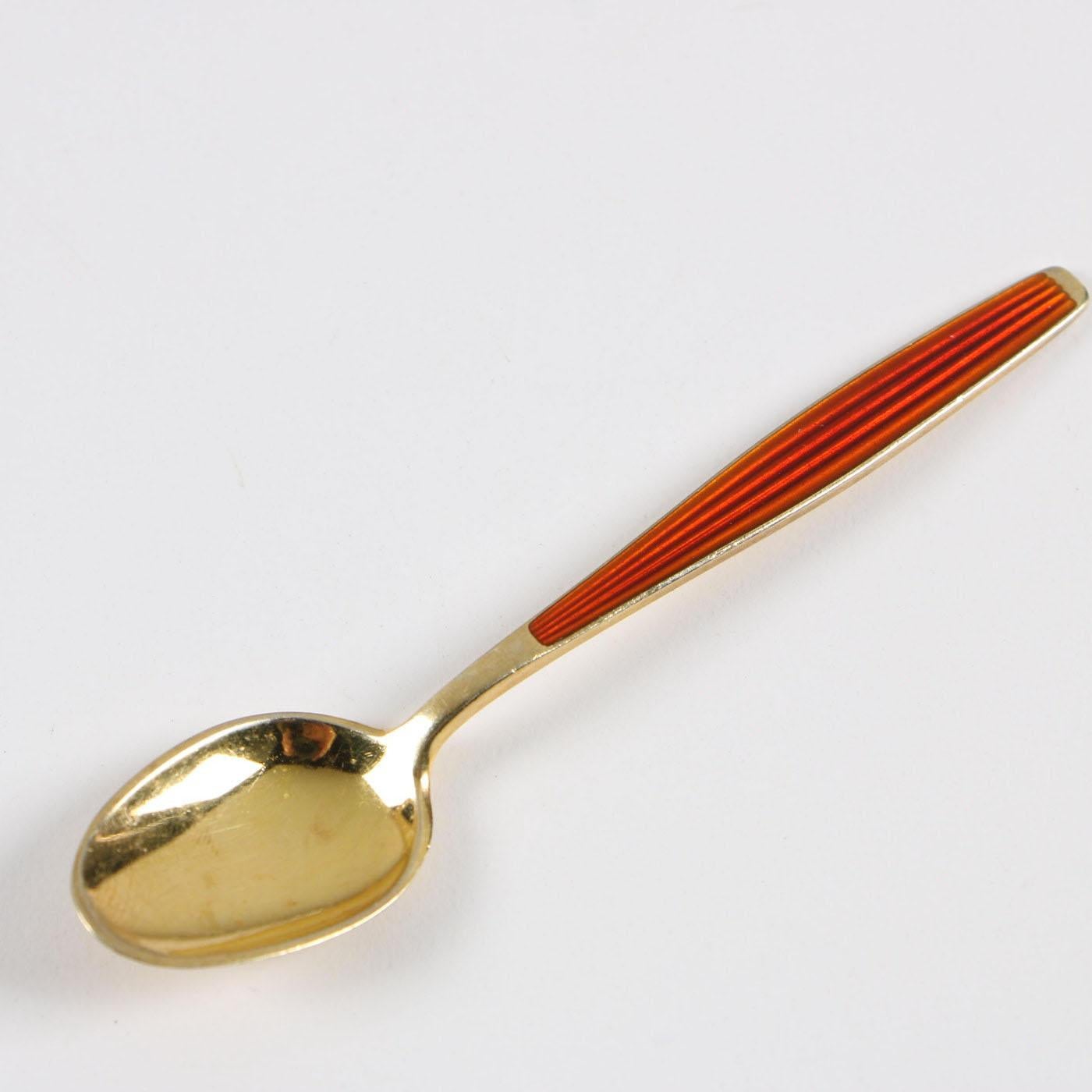 Enameled Mid-Century Modern Enamel and Gilt Sterling Silver Spoons Norway