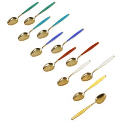 Mid-Century Modern Enamel and Gilt Sterling Silver Spoons Norway