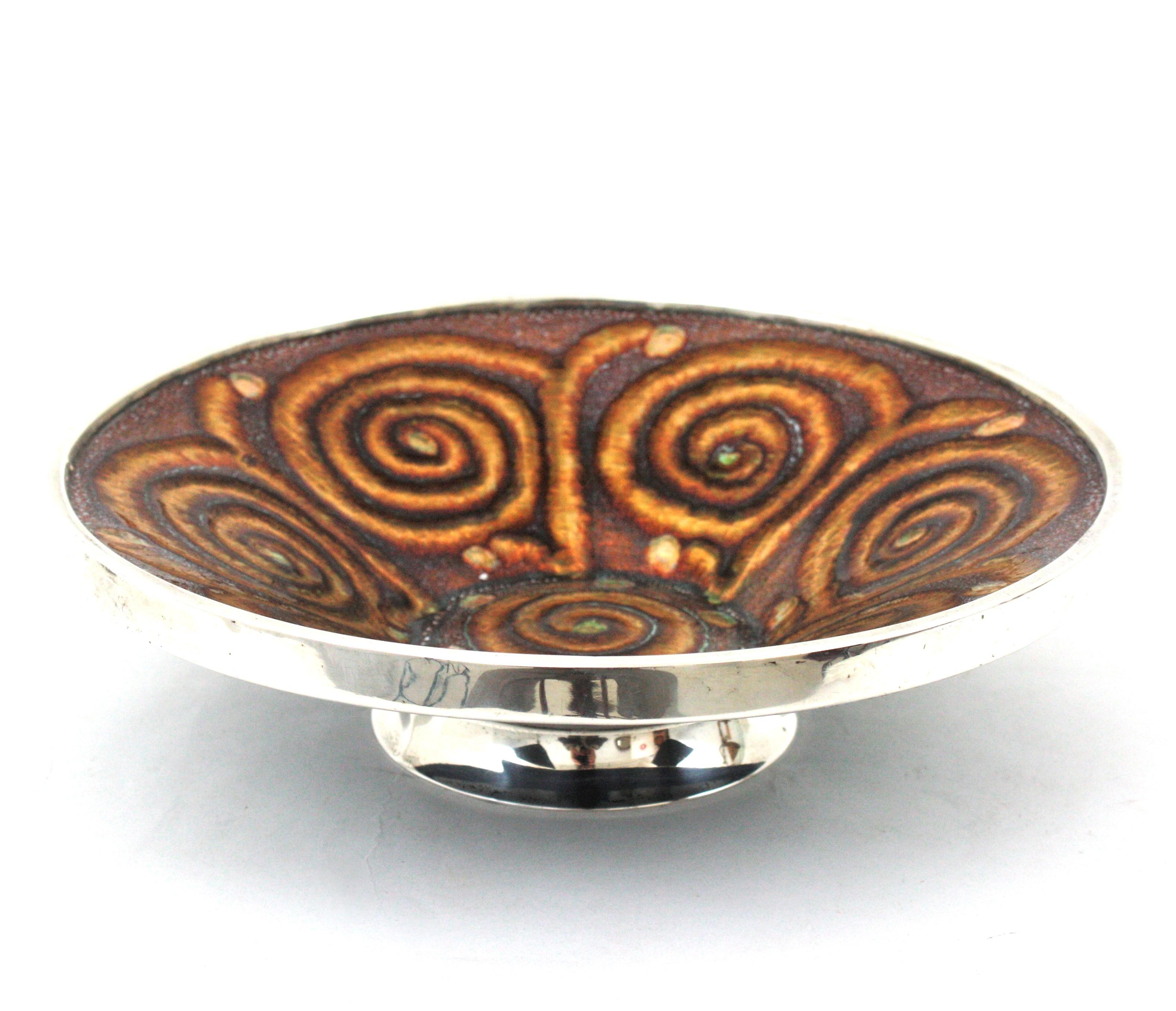 Hand-Crafted Mid-Century Modern Enamel and Sterling Silver Centerpiece Bowl For Sale