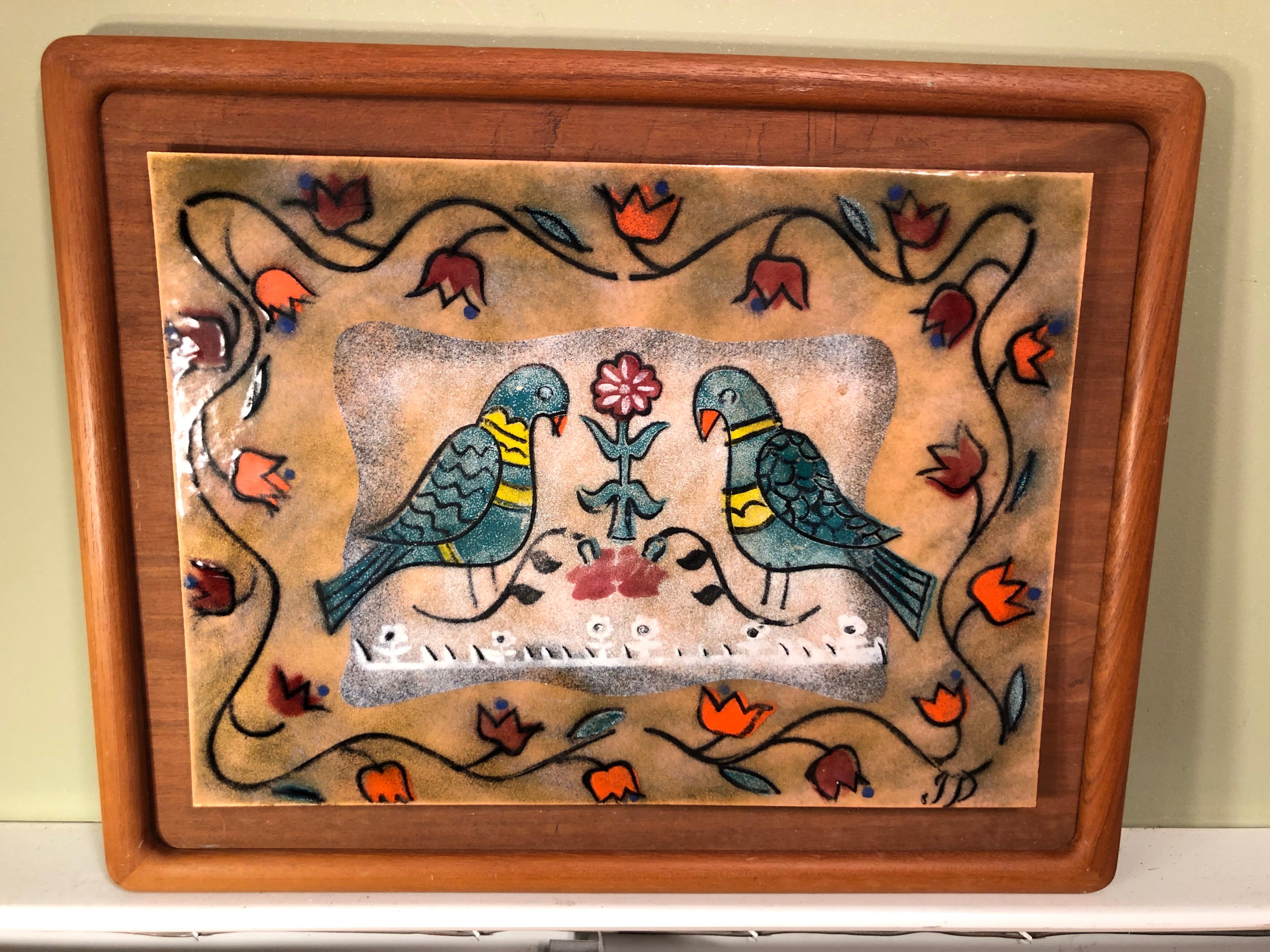 Mid-Century Modern Enamel Artwork by Judith Danner. Amazing piece of work by a very talented artist. Signed JD (Judith Daner). Copper enamel plaque mounted on board in a teak frame with rounded edges.
Judith Daner is currently 80 years old and