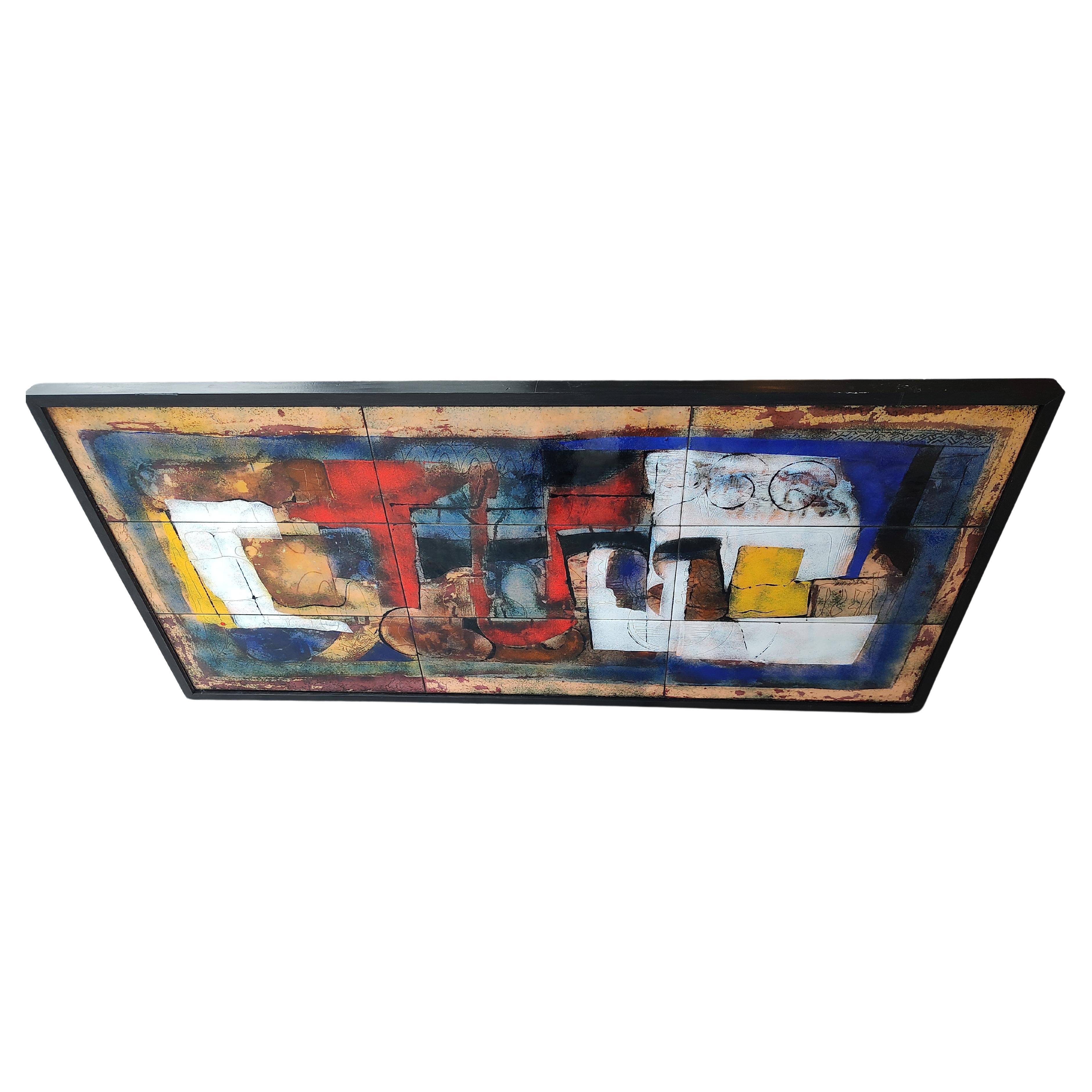 Tremendous Enamel o in Copper Abstract work by Giorgio Mussoni Italy c1960. Primary colors in blocks with abstract placements on nine rectangular pieces, tiles. Framed in black and ready to be hung
Has some weight to it
In excellent vintage