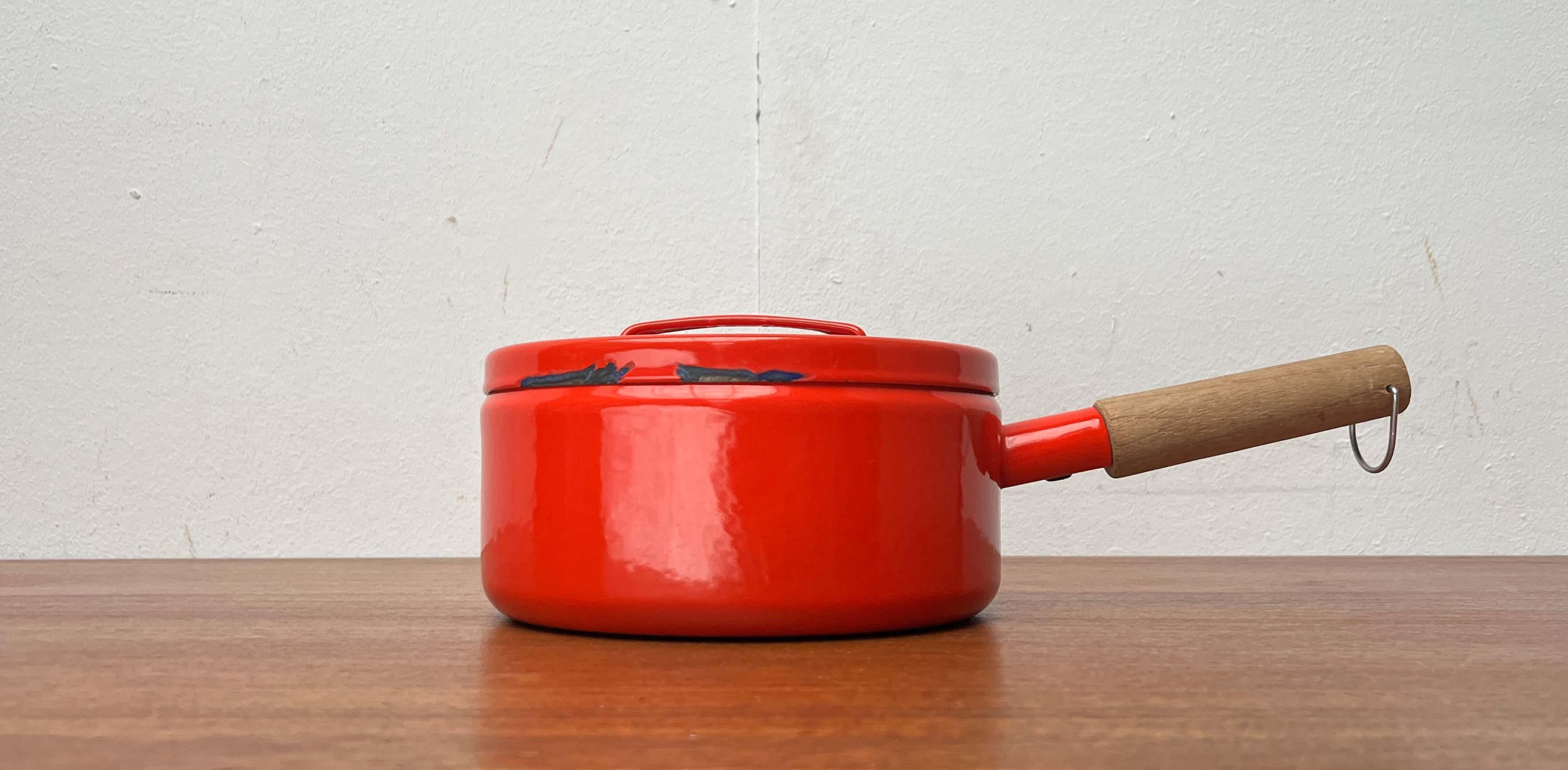 Mid-Century Modern Enamel Orange Pot with Teak Handle by Seppo Mallat for Finel, 1960s