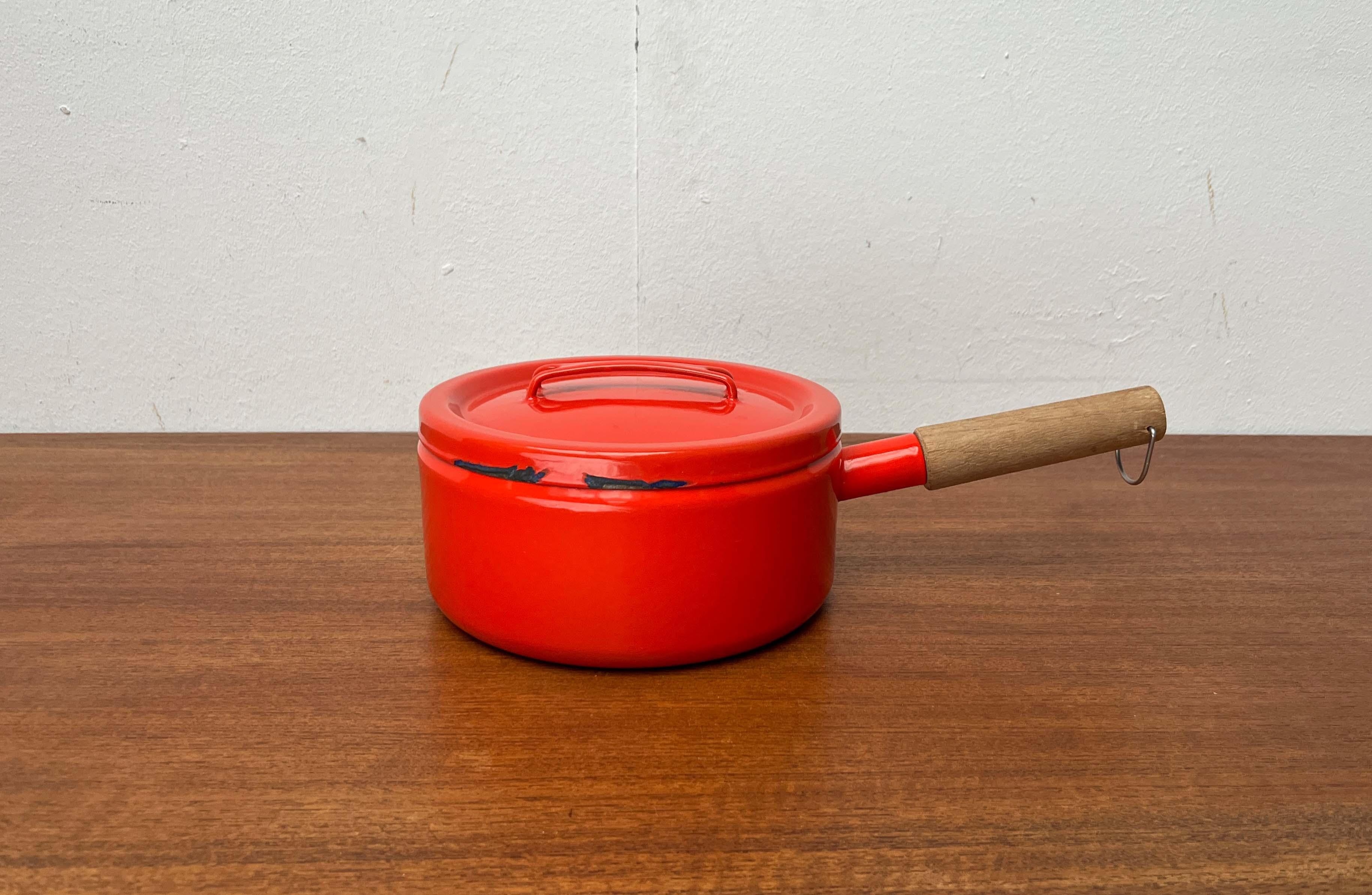 Finnish Mid-Century Modern Enamel Orange Pot with Teak Handle Seppo Mallat Finel, 1960s For Sale