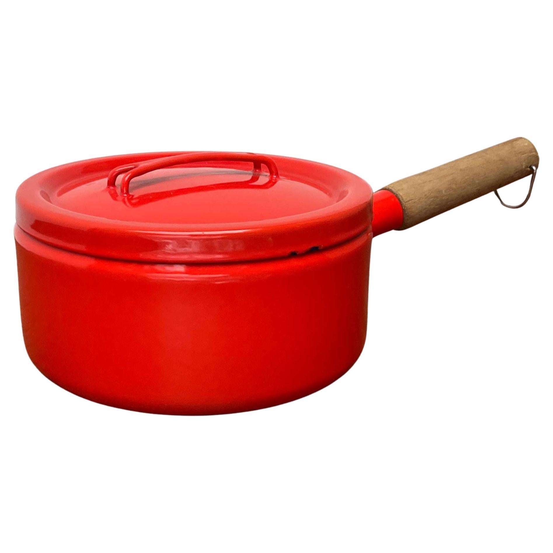 Mid-Century Modern Enamel Orange Pot with Teak Handle Seppo Mallat Finel, 1960s
