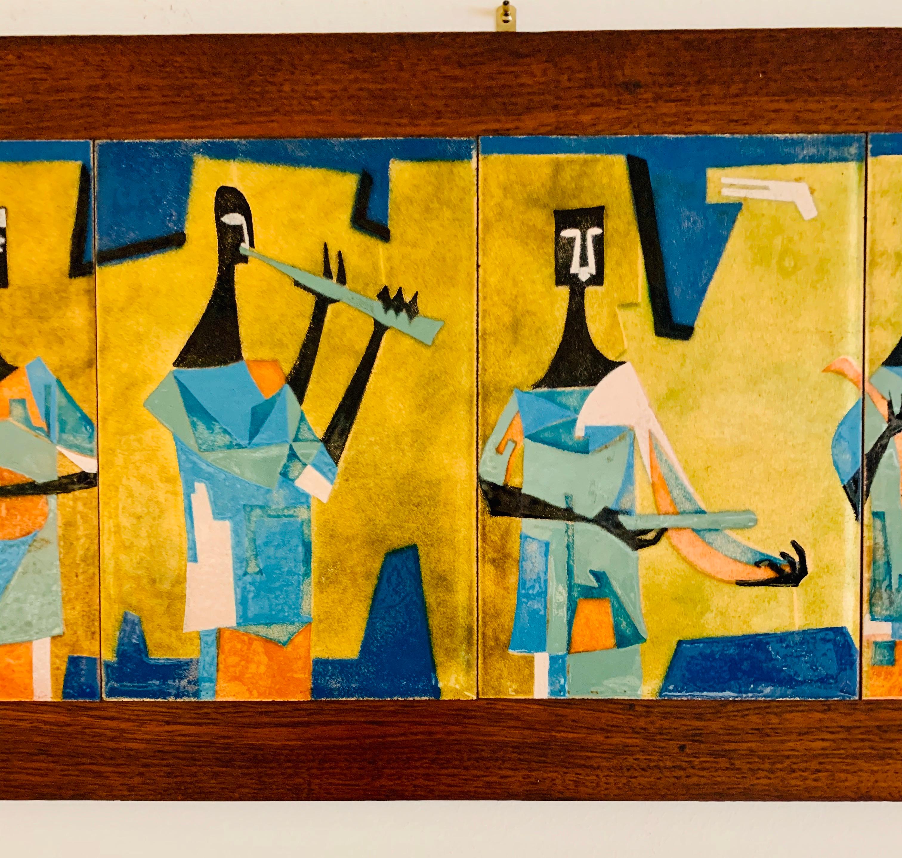 Mid-Century Modern Enamel Six Brass Panel Painting In Good Condition In West Hartford, CT