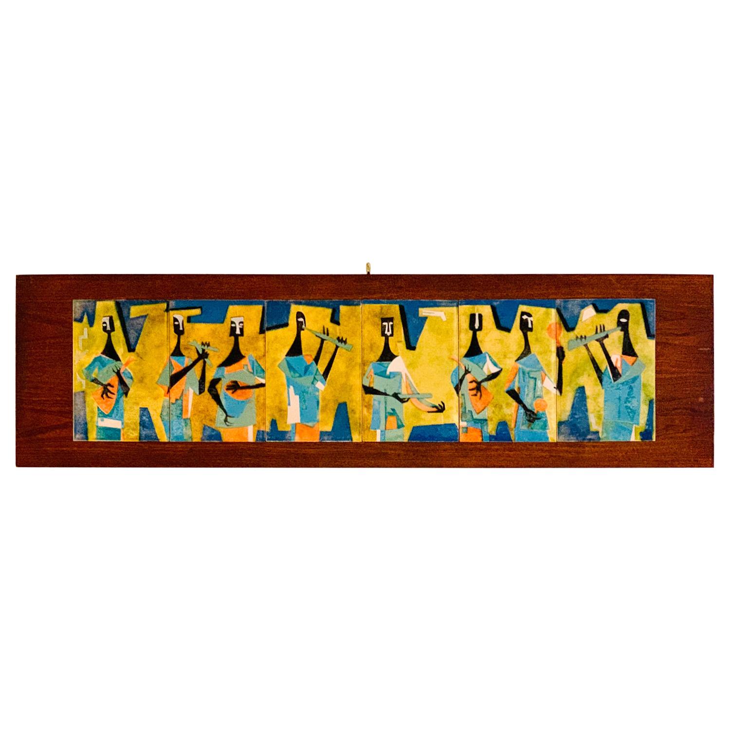 Mid-Century Modern Enamel Six Brass Panel Painting