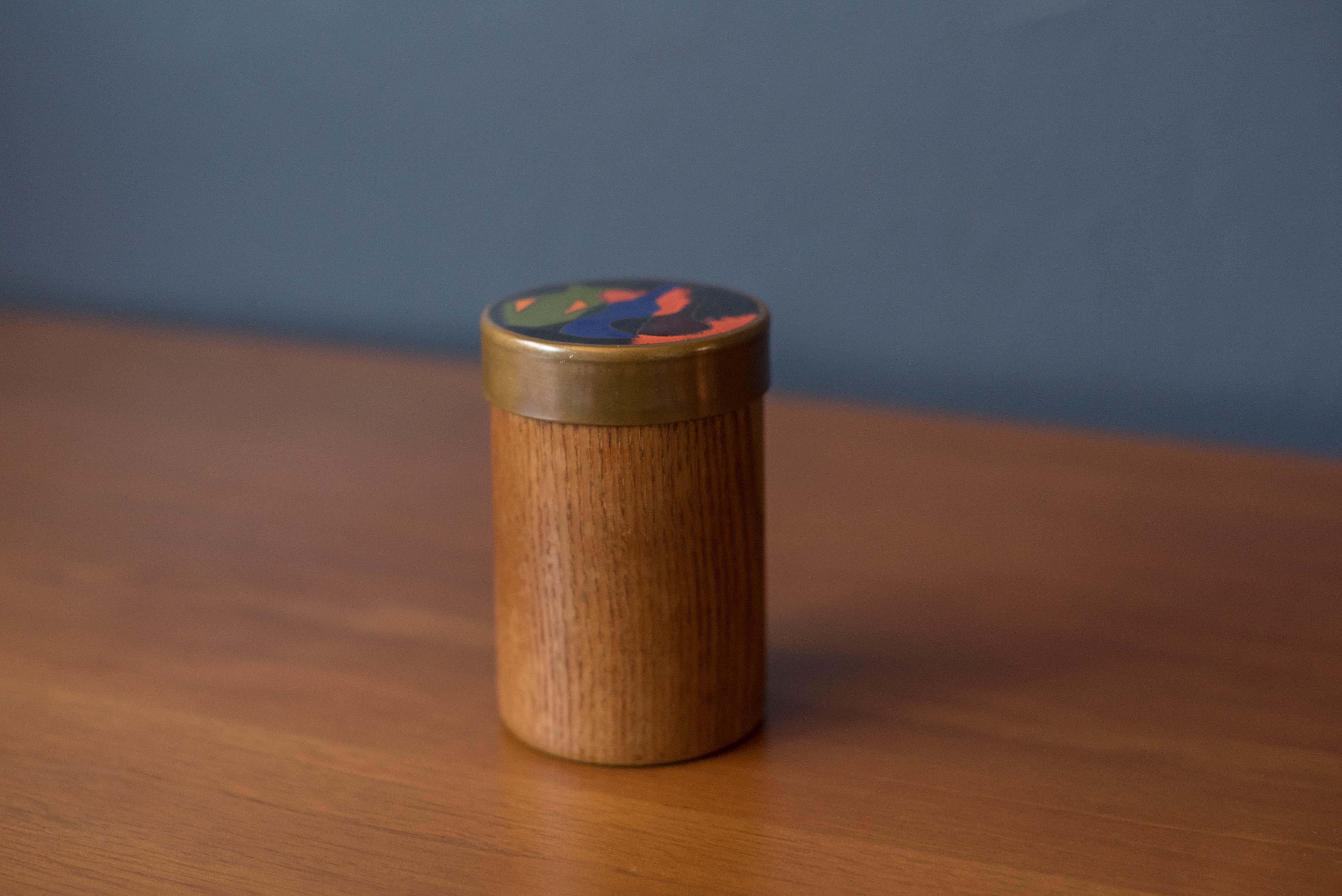 Mid Century Modern Enameled Copper and Oak Jewelry Keepsake Container In Good Condition For Sale In San Jose, CA