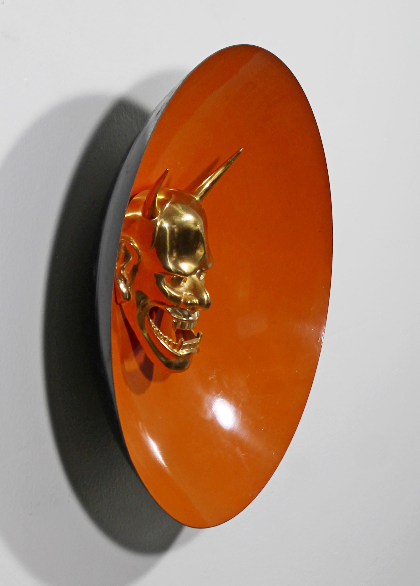 Mid-Century Modern Enameled Dish Gold Gilt Devil Bust Head Wall Sculpture, 1970s In Good Condition In Keego Harbor, MI