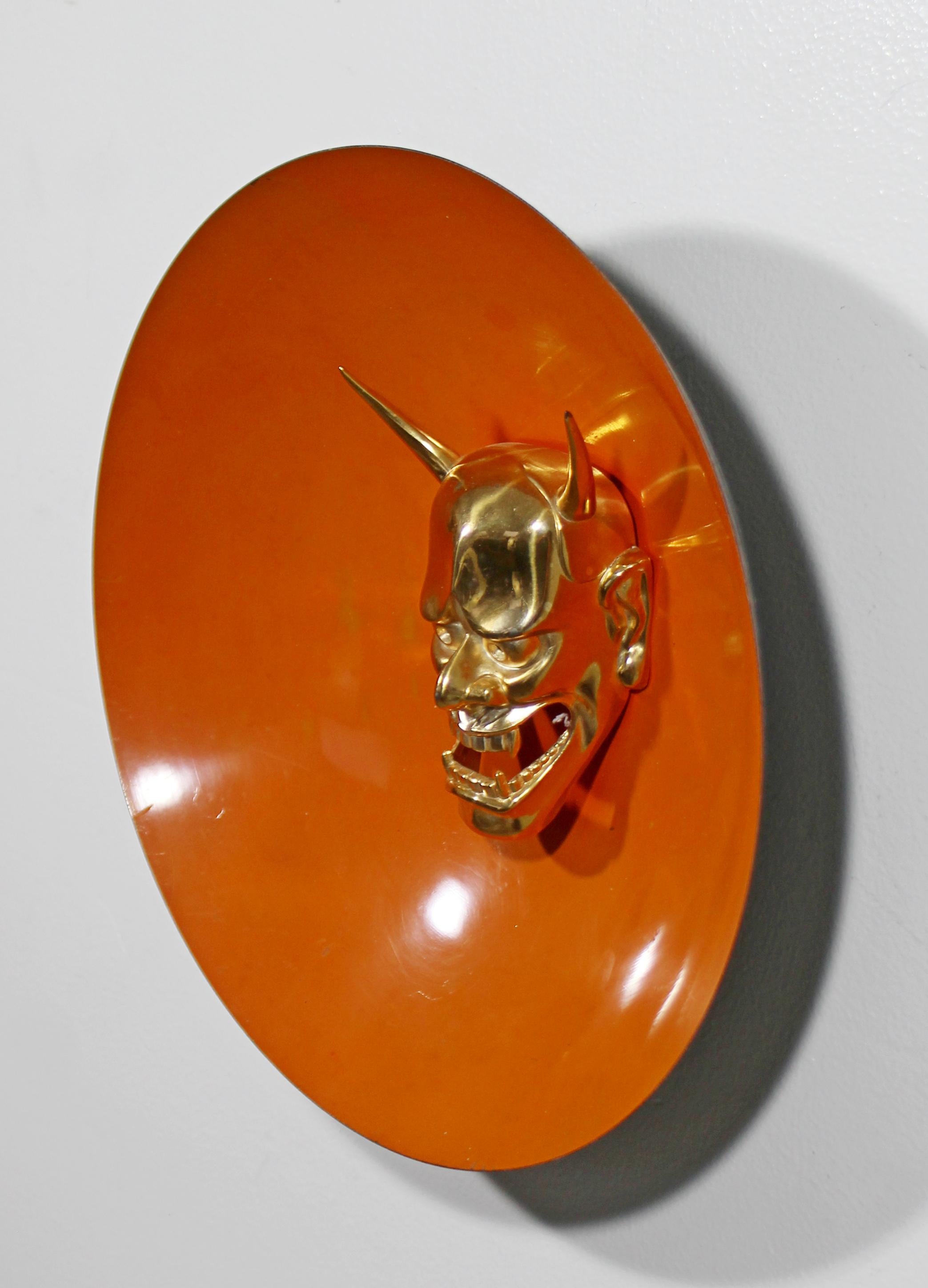 Mid-Century Modern Enameled Dish Gold Gilt Devil Bust Head Wall Sculpture, 1970s 1