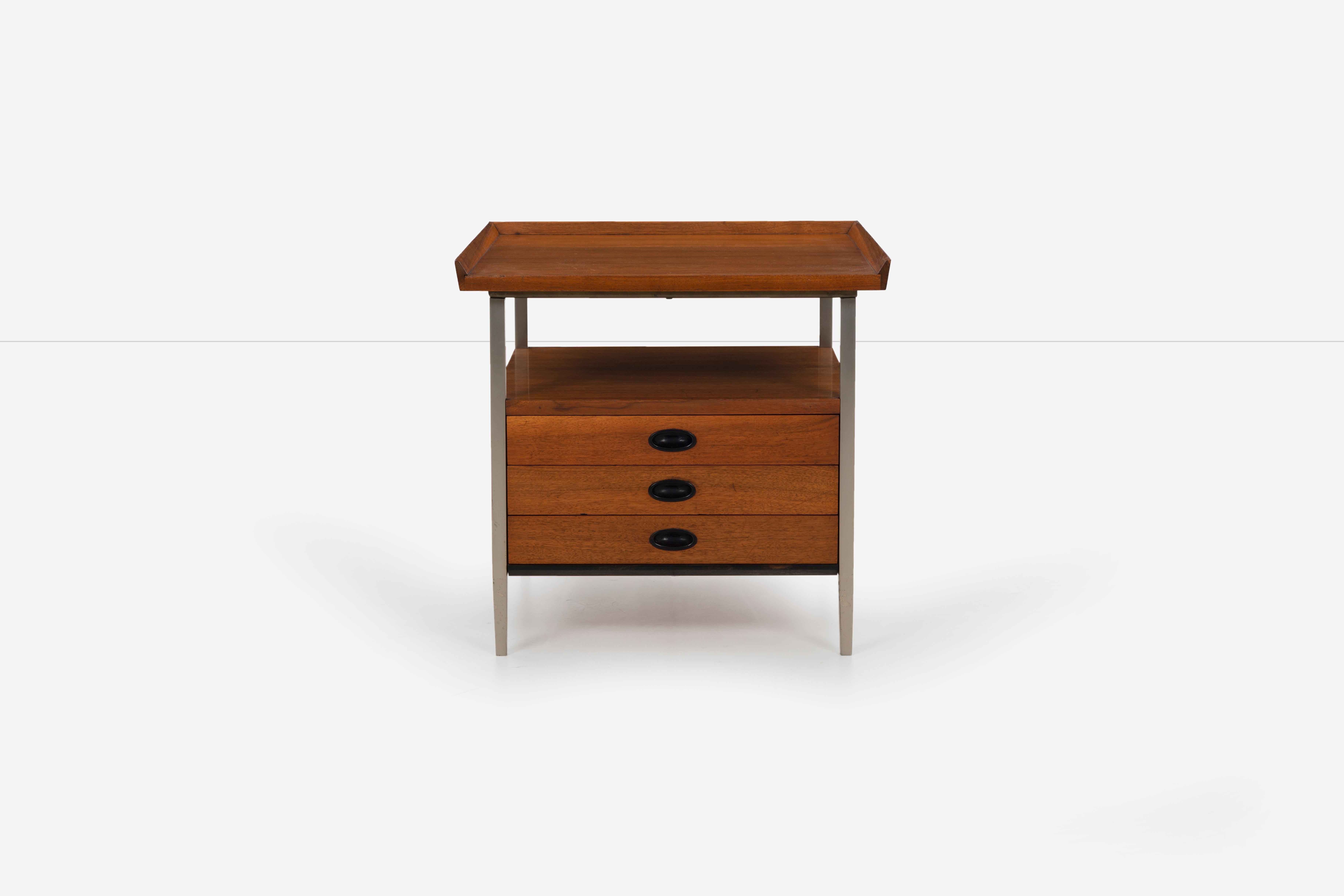 Mid-Century Modern end table Finn Juhl style, great for home or office, walnut wood oiled with 3 drawers, plastic finger pulls, solid wood top 3 sided Lip edge and matte steel frame.