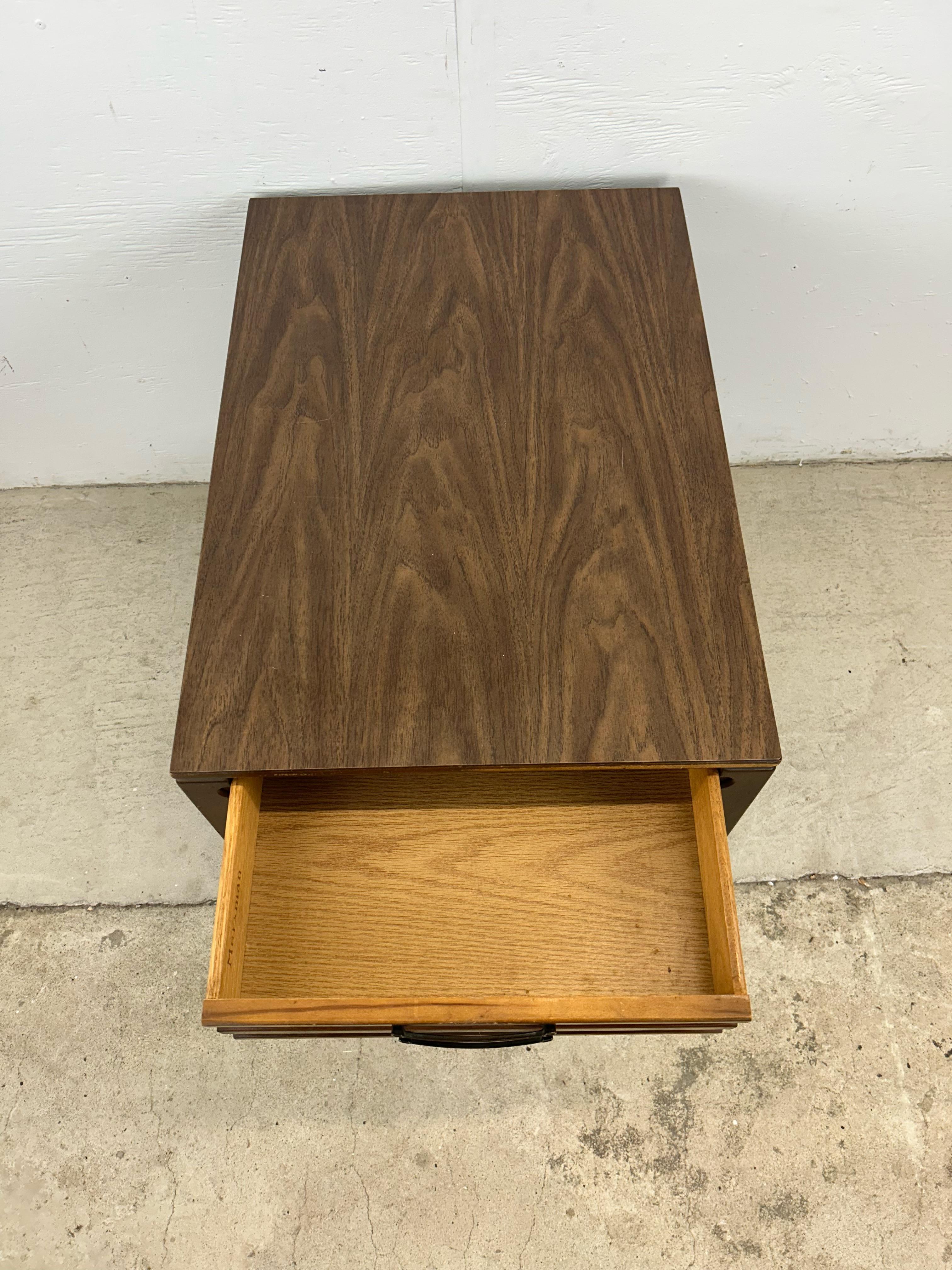 Formica Mid Century Modern End Table with Single Drawer by Mersman For Sale