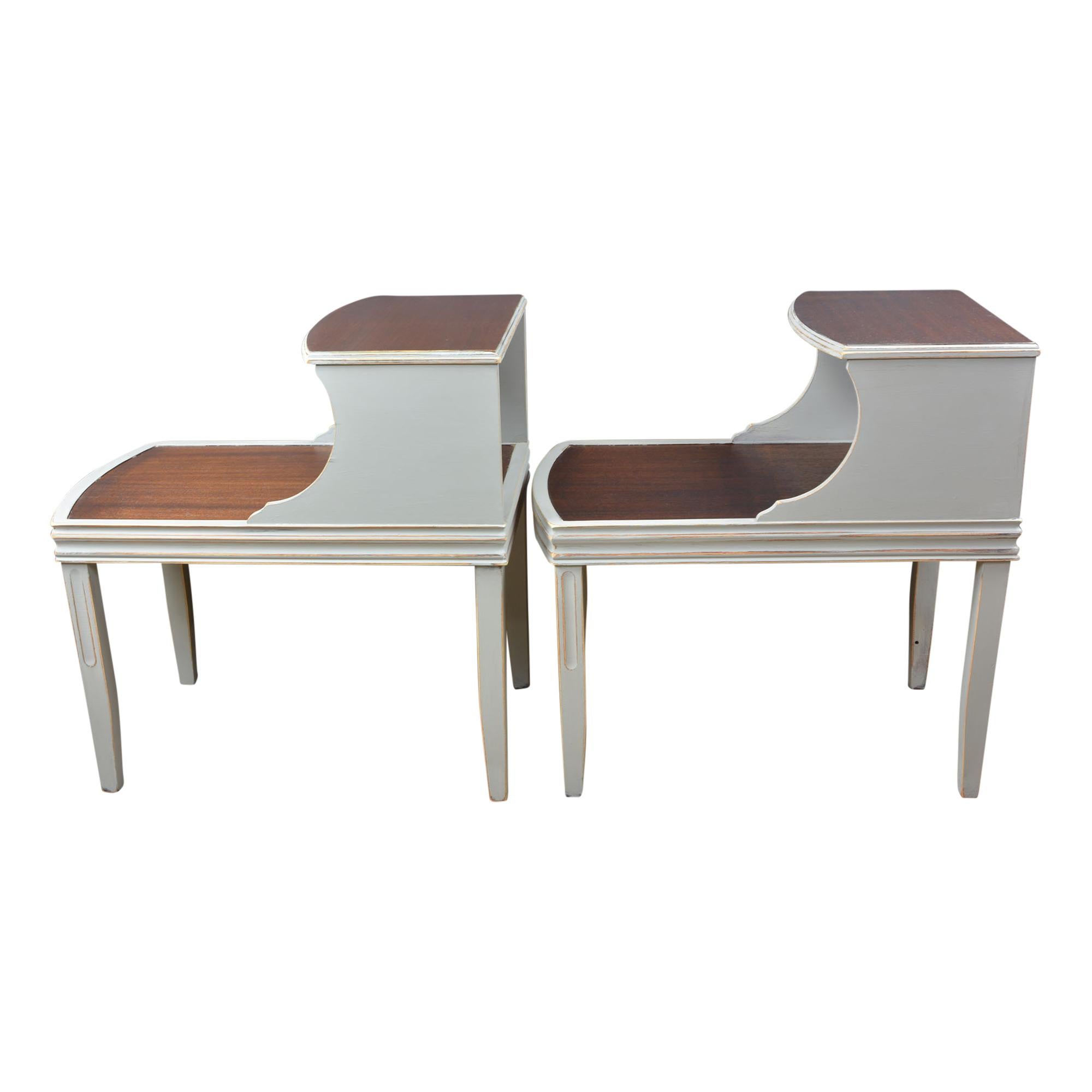 Hand-Painted Mid-Century Modern End Tables Gray and Deep Brown, Pair