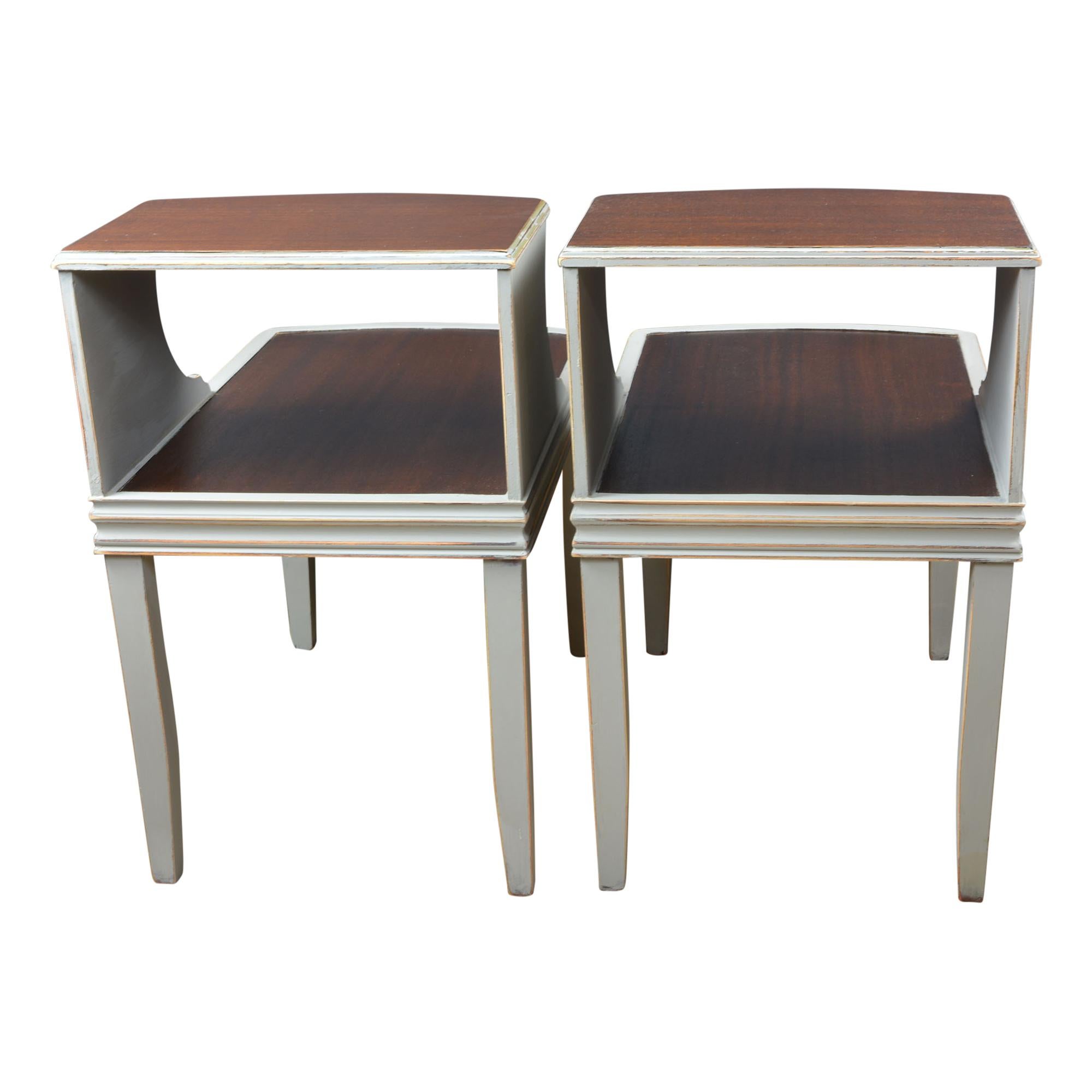 Wood Mid-Century Modern End Tables Gray and Deep Brown, Pair
