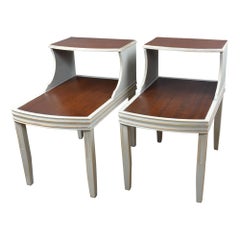 Mid-Century Modern End Tables Gray and Deep Brown, Pair