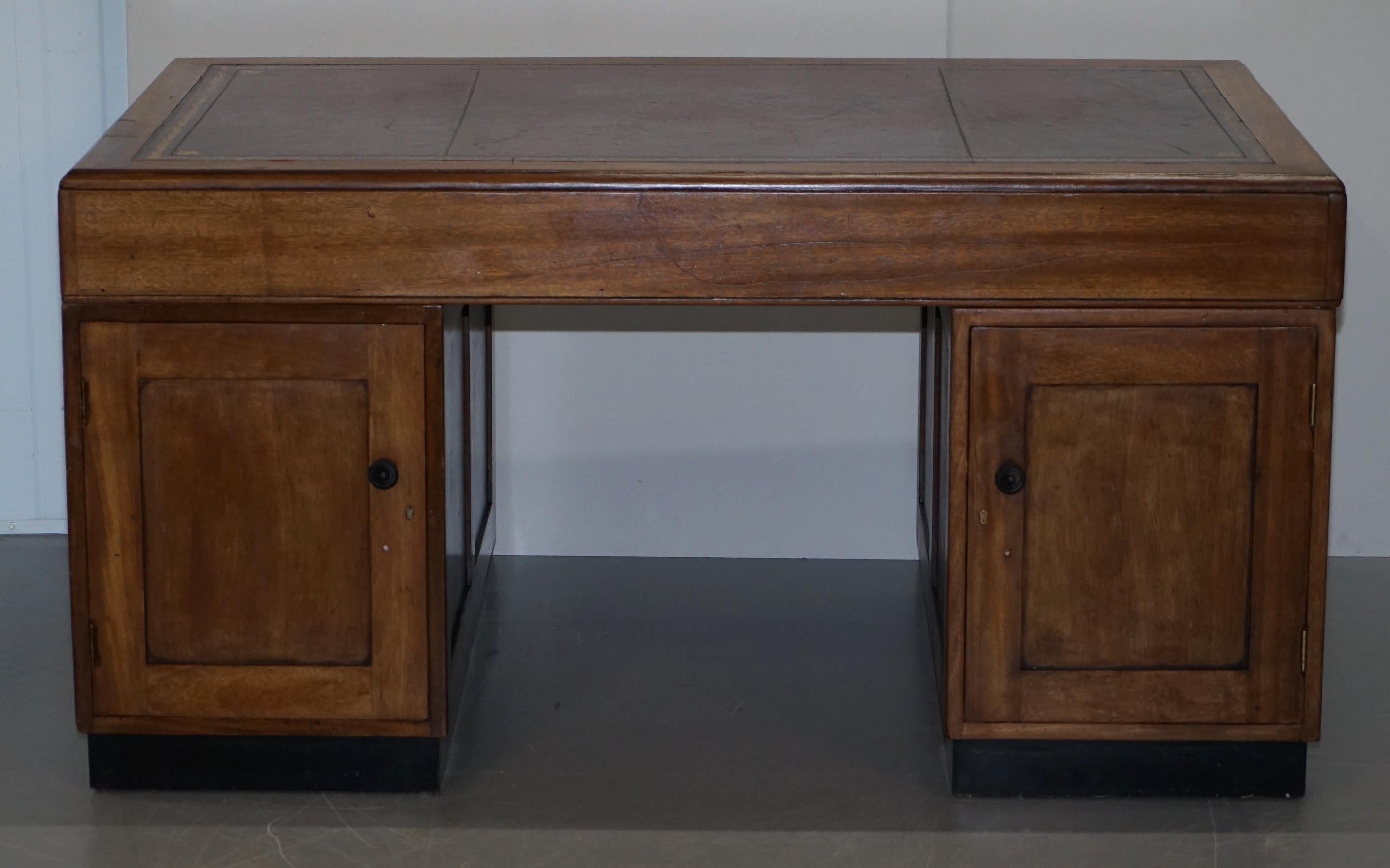 Mid-Century Modern English Oak Double Sided Partner Writing Desk Oxblood Leather 4