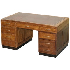 Used Mid-Century Modern English Oak Double Sided Partner Writing Desk Oxblood Leather