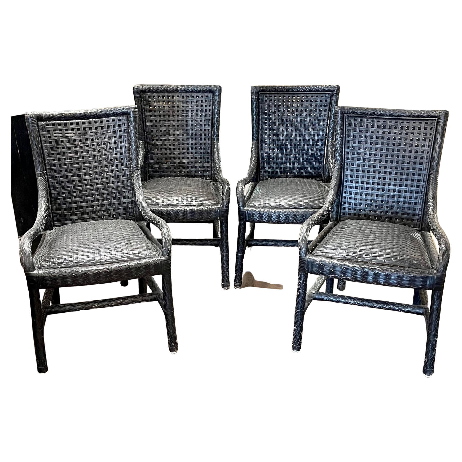 Mid-Century Modern English Woven Black Leather Armchairs