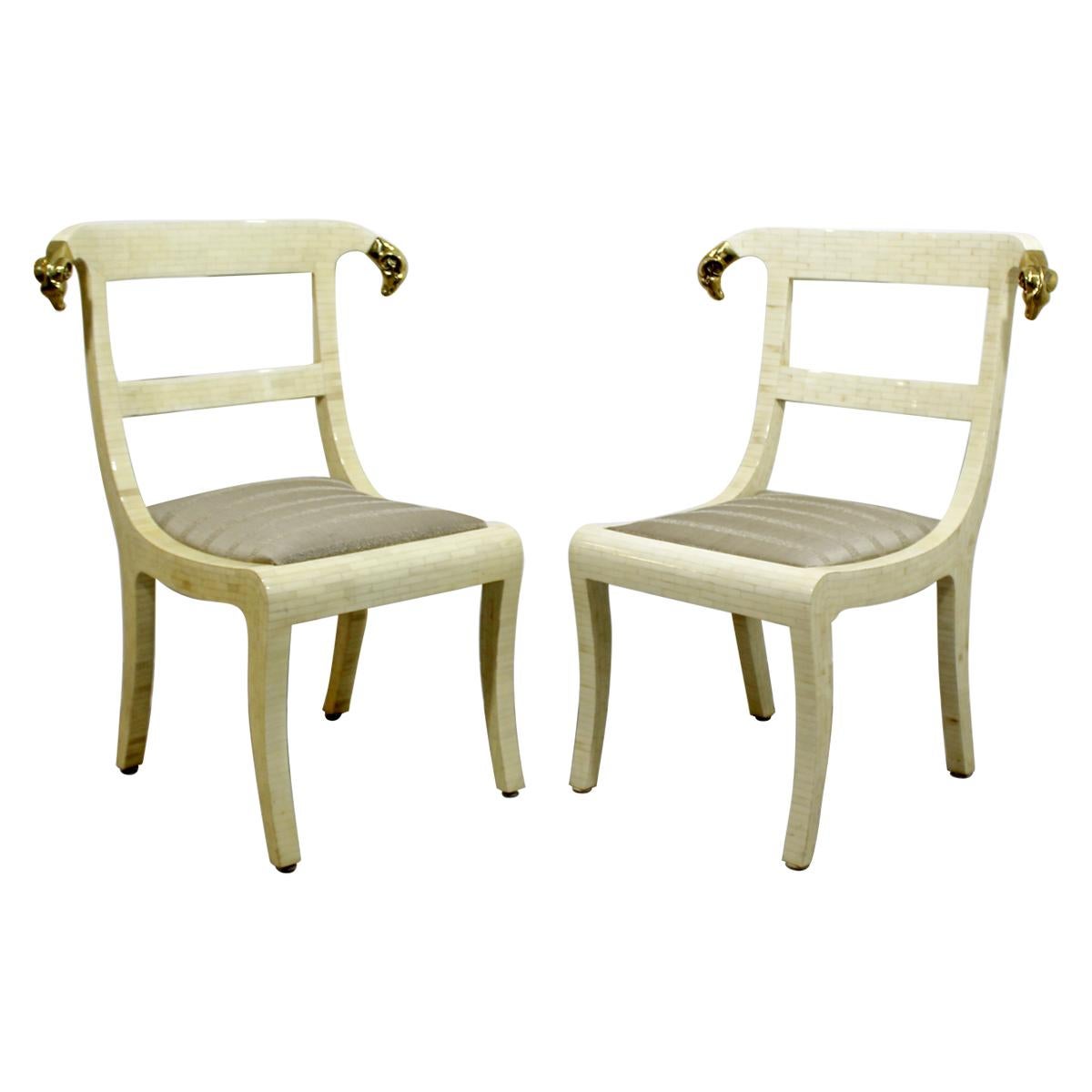 Mid-Century Modern Enrique Garcel Tessellated Stone Brass Rams Head Chairs, Pair